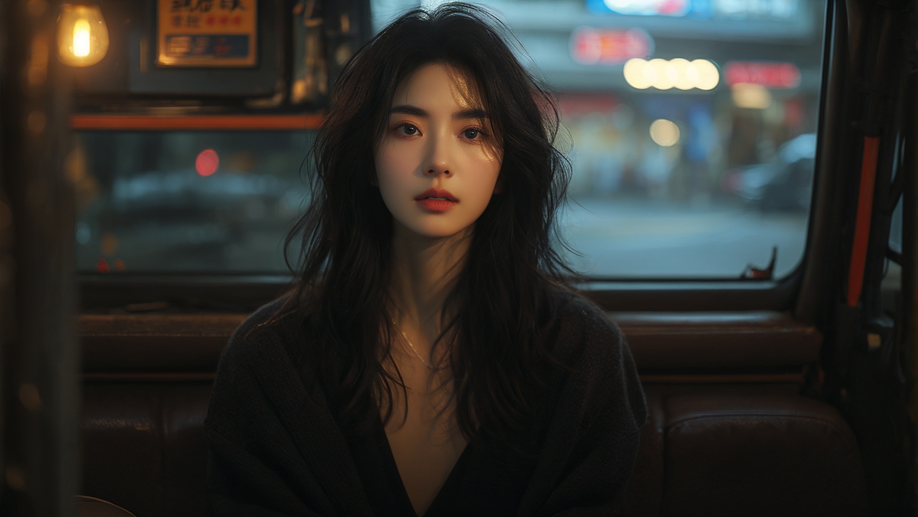 sdmai, fanhua, 1girl, solo, long hair, necklace, jewelry, blurry, black hair, looking at viewer, parted lips, motor vehicle, ground vehicle, lips, depth of field, brown eyes <lora:SDMAI繁花肖像写真fanhua:0.8>