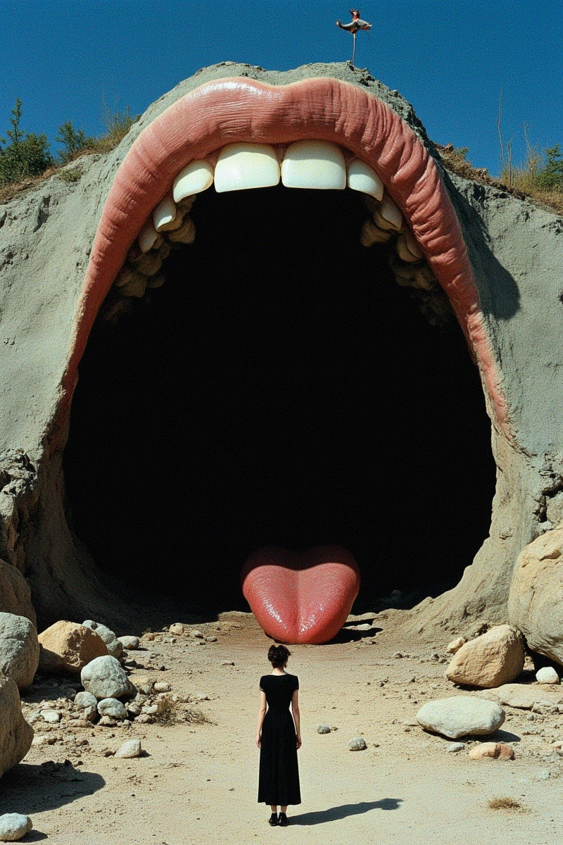 GSL,<lora:Fulan_guishilu_merjic_F.1:0.8>,surrealist Grotesque photography,Surreal Landscape with a Giant Mouth and Tongue" or "A Woman Standing in Front of an Ominous, Cave-like Structure that Resembles Human Teeth." This is likely from Salvador Dali's work due to its surrealistic nature featuring exaggerated proportions anddreamlike elements typical of his style, The scene appears both eerie yet intriguingly artistic