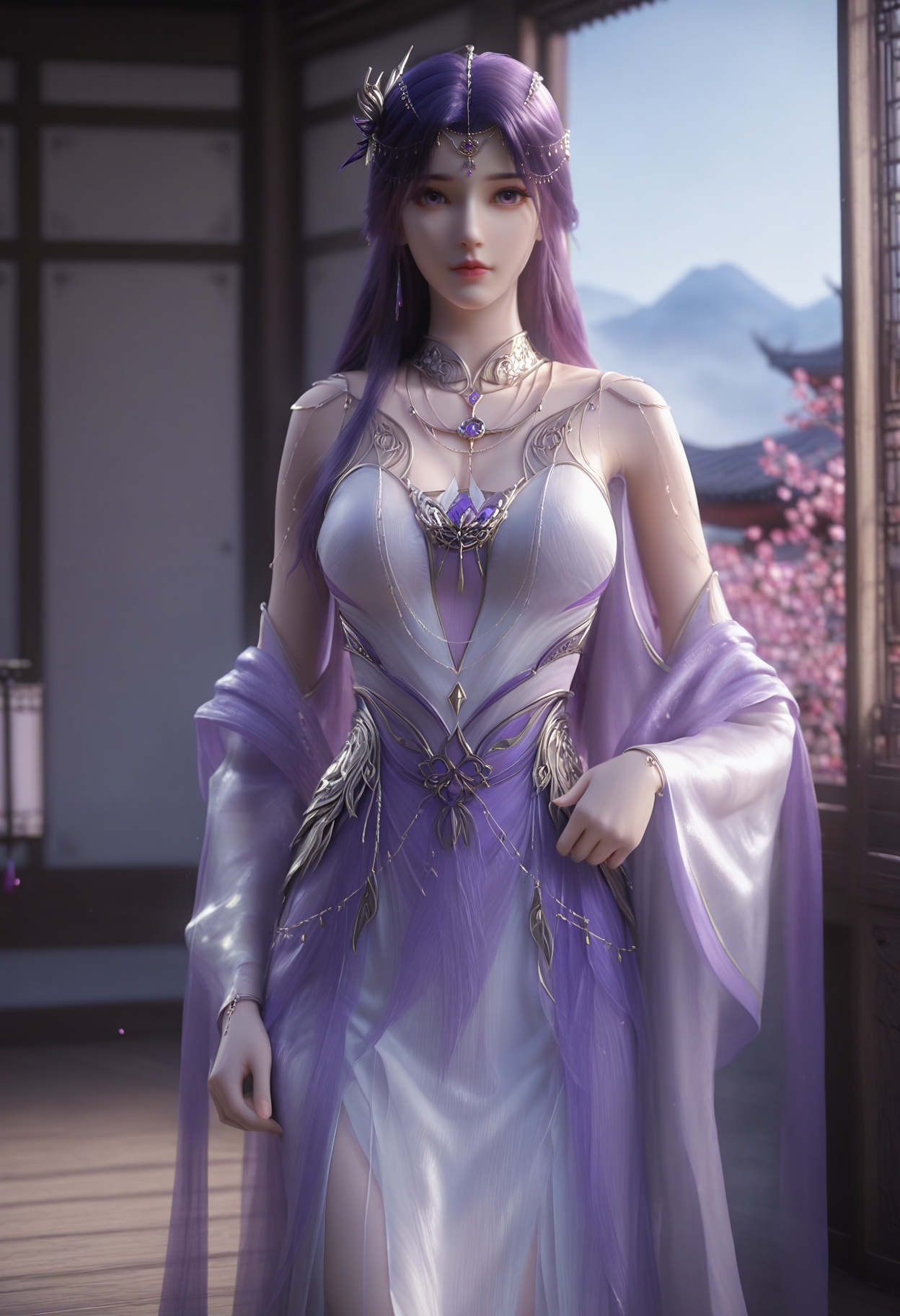 Yun_**,1girl,hair ornament,jewelry,long hair,purple hair,necklace,looking at viewer,bare shoulders,purple eyes,circlet,<lora:Yun_**_tianren_10_illu-000004:0.75>,dress,white dress,long sleeves,see-through,long dress,purple dress,photorealistic,hyperrealistic,<lora:realistic filter [IL]:1>,(pale skin:1.2),standing,one hand on hip,(upper body:1.2),lantern,open window,looking at viewer,indoors,mountains,blossoms,flowers,east asian architecture,