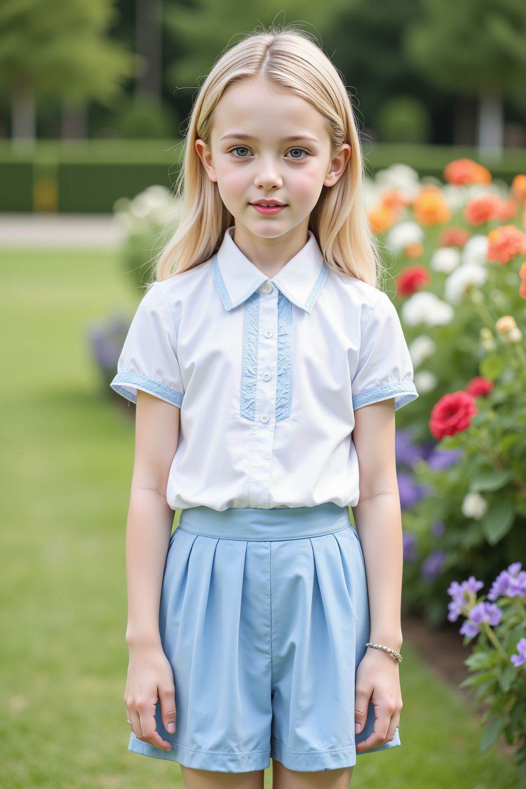 The image is a high-resolution photograph the subject is a young cute girl with blue eyes and blonde hair and fair skin. She has a slender physique and is wearing a traditional clothes, short-sleeved blouse with a collar and a light blue short pleated skirt and eaching just above her knees. The young cute girl expression is neutral, with a slight smile, and she is looking directly at the camera. Her makeup is subtle, featuring light eyeshadow, mascara, and pink lipstick. She has a delicate bracelet on her right wrist. The background is on the grass in the park, with a lot of colorful flowers blooming next to it.