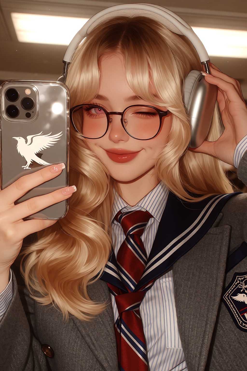 A cute woman with long,  wavy blonde hair and parted bangs that frame her face and pink eyes takes a mirror selfie using a...