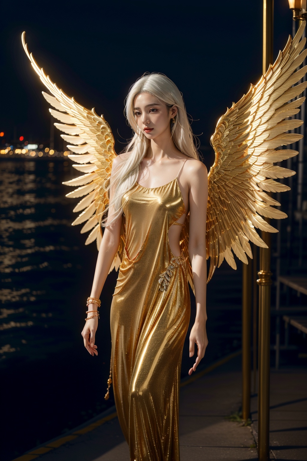 jinyingnvshen,masterpiece,best quality,1girl,exquisite details,set at night by the seaside,white hair,golden wings,jewelry,<lora:jinyingnvshen-000004:0.7>,