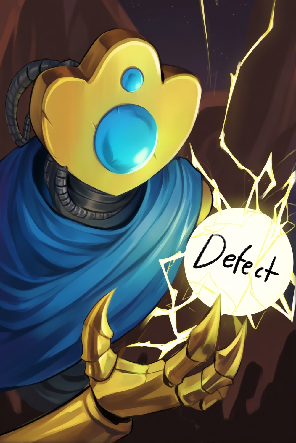 A close-up shot captures DefectSP an anthropomorphic robot with a metallic,  golden-brown head,  defined by a rounded on T...
