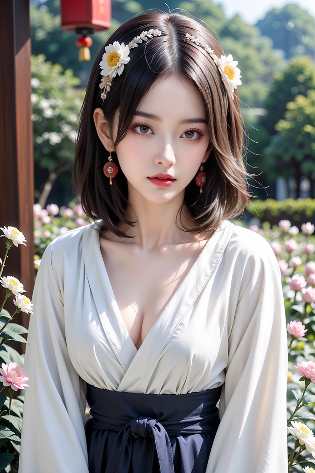Ultra high image quality,complex composition details,exquisite full picture depiction,(Perfect ancient Chinese style:1.7),(Leaning forward,mischievous:1.2),(Chinese Hanfu, purple women's long skirt, long sleeves, plastic waist, robe,:1.7),Long skirt hem,(skirt hem mopping the floor:1.3),1girl,(A noble consort of the Tang Dynasty in ancient China:1.6),Holding an ancient fan,Standing sideways in the garden,the fan swayed gently. Tang Dynasty women wore skirts,long sleeves,and light silk gauze. (In the garden,flowers flourished:1.6),and butterflies danced,incredibly absurdres,game cg,full_shot,(full bady:1.1),Full body standing posture,Elegant posture,noble concubine temperament,national beauty and heavenly fragrance,shy face,Peony,(Begonia,Peony,Sakura,Lantern,Colorful Chrysanthemum:1.8),The closed moon and shy flowers,the appearance of sinking fish and falling geese,Focused close-up of characters,Guifei hairstyle,(The headgear of a noble consort, complex headgear, earrings:1.4),(Jin Buyao:1.9),(Sexy, alluring, heavy makeup:1.3),Big breasts,<lora:新猫耳娘1:0.6>,