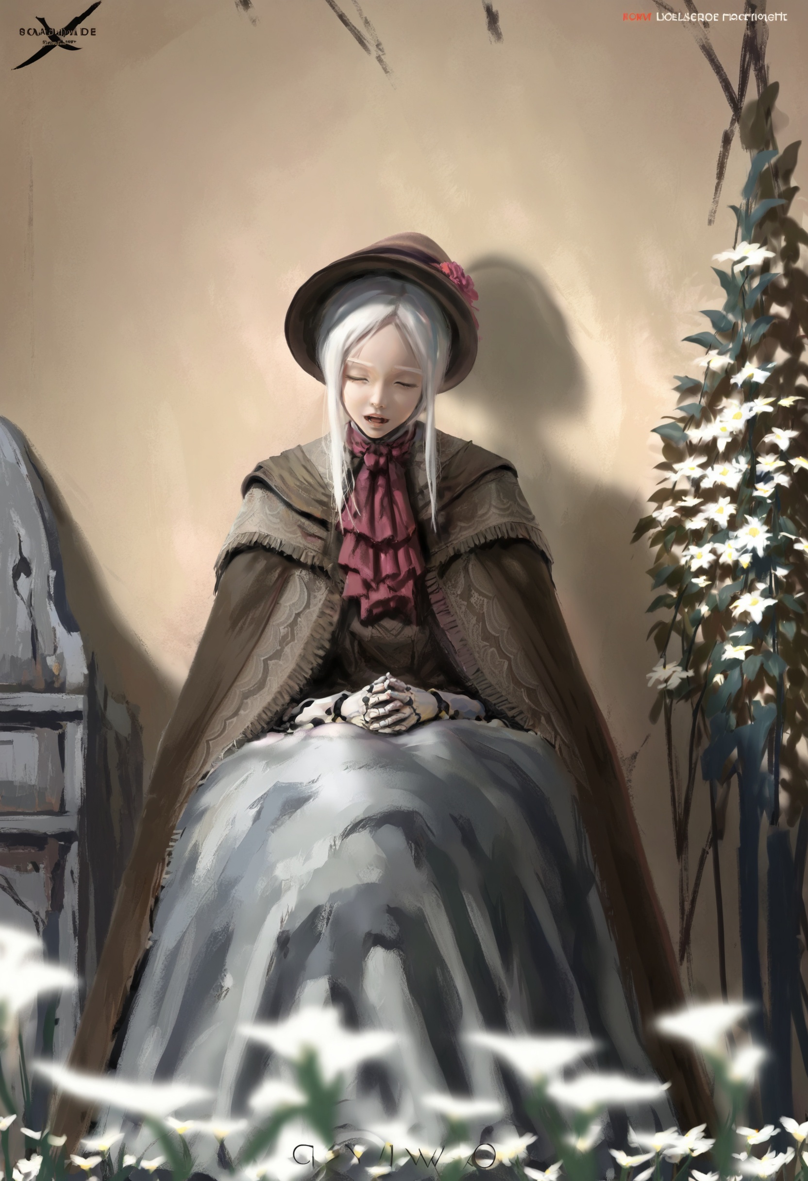 masterpiece, best quality,1girl,   flower, solo, cloak, joints, bonnet, sitting, doll joints, white hair, long hair, hat, dress, closed eyes, ascot, open mouth, hair ornament, full body, german text, frills, eyebrows <lora:wlopXLlokr4f-000187:0.95>