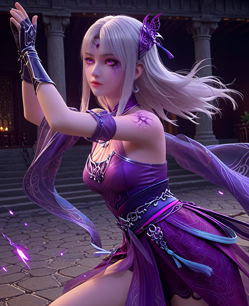(oriental architecture, elegant decor, sophisticated style:1.1),(dancing,body roll:1.1),(breasts:1.2),<lora:XL斗破苍穹小医仙P:0.85>,elder sister,purple dress,white hair,(purple eyes:1.1),bangs,hair ornament,bare shoulders,purple veil,jewelry,fingerless gloves,sash,(facial tattoo:1.2),(cracked skin:1.2),, score_9,score_8_up,score_7_up,score_6_up,score_5_up,score_4_up,3d rendering,tag1,tag2, Cinematic Lighting,backlighting,