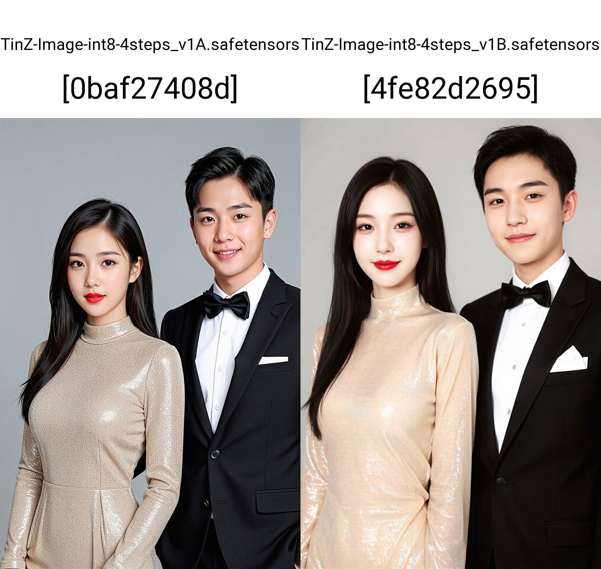 This is a highly detailed,  realistic digital photograph of a young Asian couple standing side by side against a plain gra...