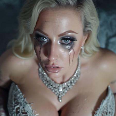a blonde woman,  ruined makeup,  shot from above on Tensor.Art