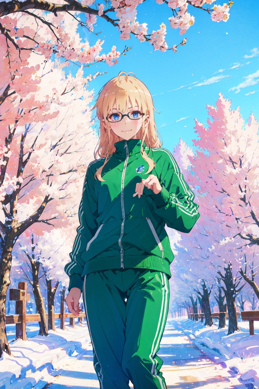 <lora:Eriri-000012:0.8>,eriri cyql,1girl,looking at viewer,solo,blonde hair,long hair,blue eyes,glasses,track suit,track jacket,jacket,pants,socks,track pants,green pants,bespectacled,green jacket,Teasing, A playful smirk, a raised eyebrow, and a hint of dominance.,panorama,beautiful face,beautiful eyes,glossy skin,shiny skin,Japanese maples, Snow-covered branches, Winter garden, Tranquil setting, Japanese elegance, Frosty beauty,beautiful detailed sky,beautiful detailed glow,posing in front of a colorful and dynamic background,masterpiece,best quality,beautiful and aesthetic,contrapposto,female focus,wallpaper,fashion,