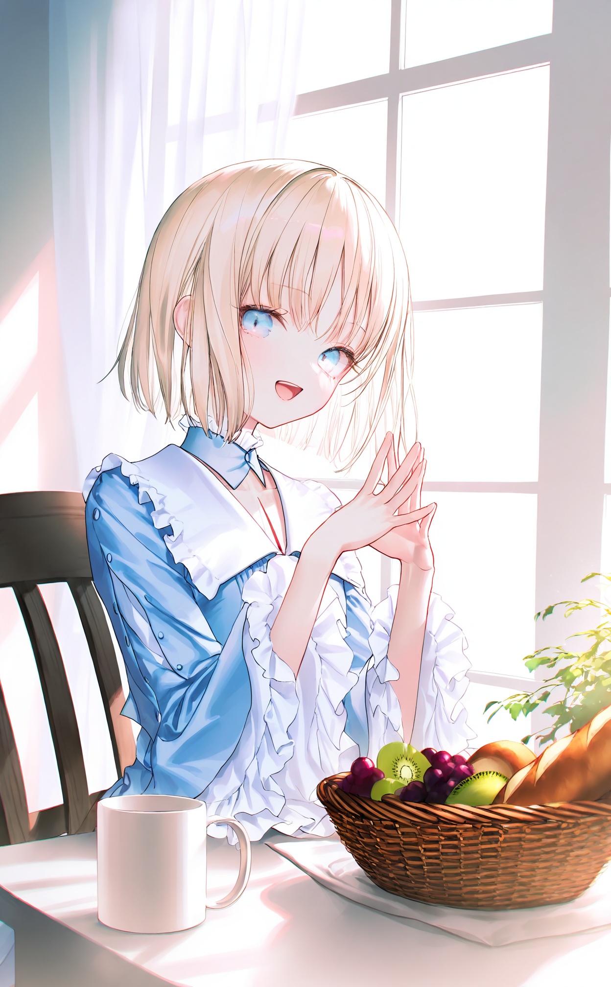 masterpiece,highres,absurdres,newest,best quality,loli,petite,high quality,chromatic_aberration,//,sajou manaka,1girl,solo,food,bread,blue eyes,window,looking at viewer,smile,blue dress,basket,cup,open mouth,indoors,long sleeves,curtains,table,salad,dress,steepled fingers,mug,frills,sunlight,chair,sitting,frilled sleeves,blonde hair,own hands together,upper body,wide sleeves,short hair,:d,day,grapes,white hair,//,(rhasta:0.9),Artist:na-ga,(kiwi500g:1.1),[yoggi_(stretchmen)],(quasarcake:0.2),(wanke:0.9),(iumu:0.72),(toosaka asagi:0.4),(Artist:chen bin:0.9),//,<lora:sajou_manaka——【noob】hans:1>,