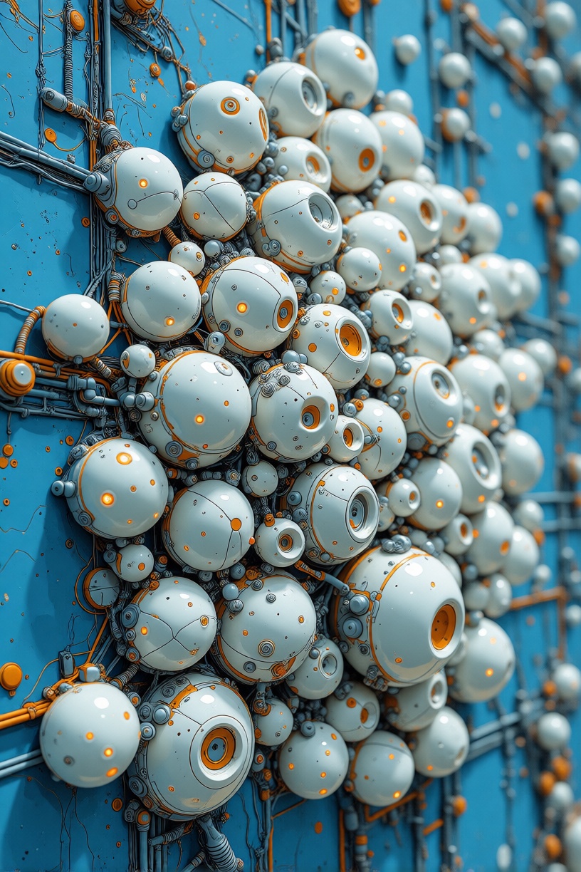 YFG-Ge0m a close up of a blue surface with a bunch of white objects,  which appear to be a wall sculpture made of ceramic....