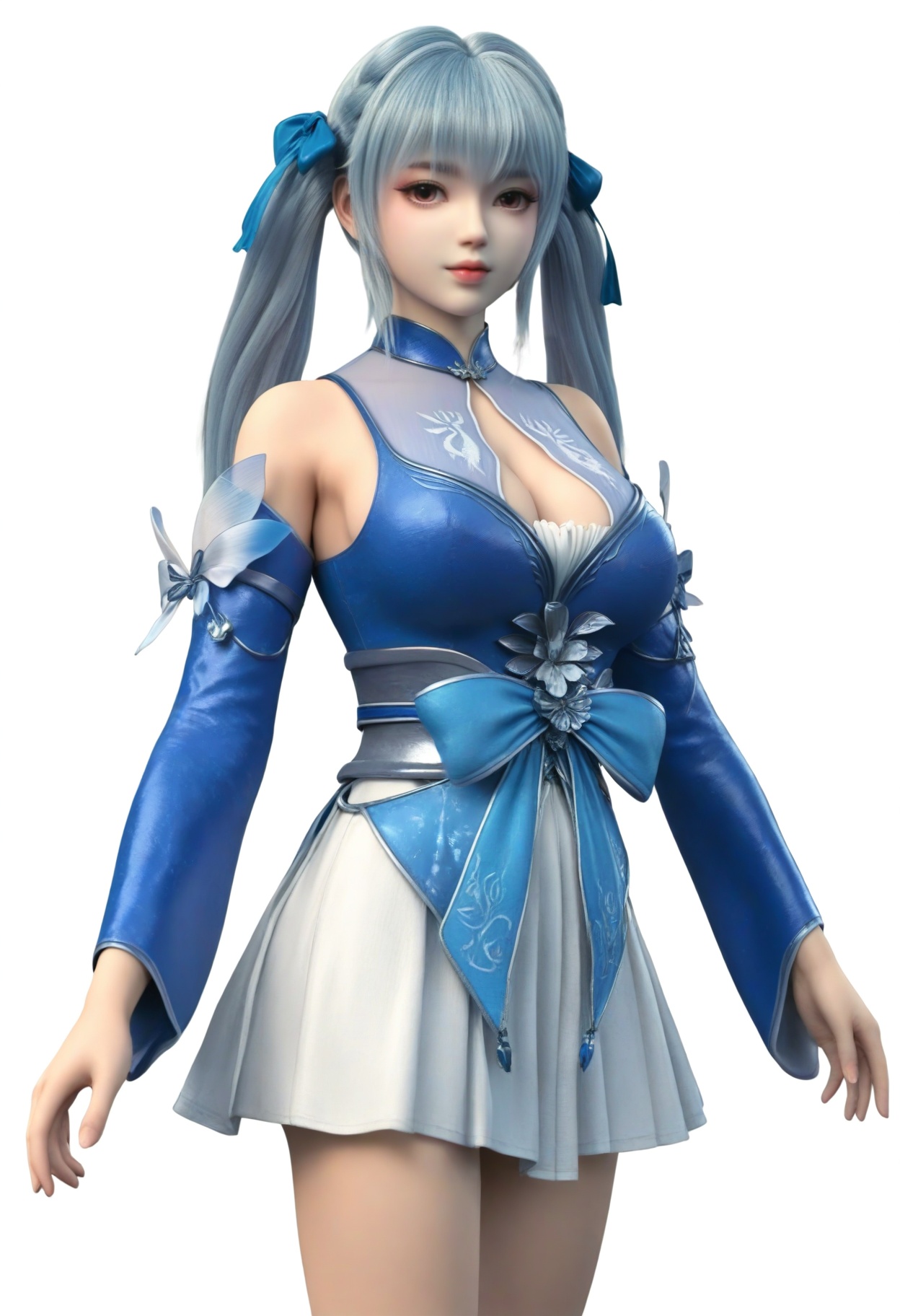 score_9,<lora:SF_LinQingTan_Pony_Realism2.3:0.7>,1girl,solo,clothes,detached sleeves,bangs,blue hair,large breasts,twintails,standing,long hair,skirt,fair_skin,white_skin,Ivory_skin,hair bow,hair ribbon,looking at viewer,white background,