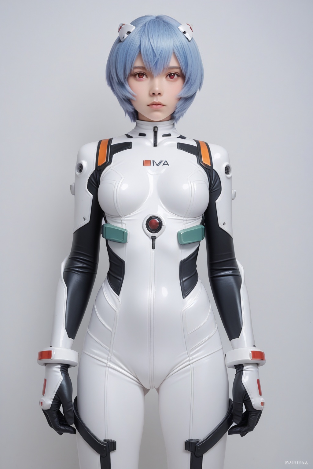 score_9, score_8_up, score_7_up, best quality, masterpiece,realistic, 1girl, ayanami rei, solo, plugsuit, bodysuit, red eyes, white bodysuit, short hair, blue hair, logo, copyright name, looking at viewer, gloves, interface headset, breasts, cowboy shot