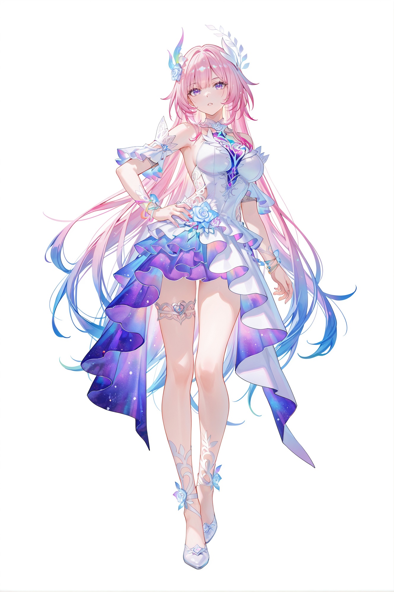 8k,best quality,masterpiece,(ultra-detailed),(high detailed skin),((artist:reoen),(artist:fuzichoco),(artist:atdan),(artist:torino_aqua),year 2024:0.8)1girl,[artist:wlop],[artist:ningen_mame],artist:ciloranko,[[artist:rhasta]],artist:tidsean,colorful,full body,full shot,standing,(solo:1.2),simple background,(white background:1.2),hand on own hip,(white background:1.1),looking at viewer,<lora:Cyrene-v2-ill-Tanger:0.9>,Cyrene \(honkai: star rail\),Cyrene \(*****\),Cyrenebig,clothes: Cyrenebig white-and-purple dress,Cyrenebig hair ornament,1girl,pink hair,long hair,bangs,purple eyes,breasts,white footwear,bare shoulders,Cyrenebig bridal garter,