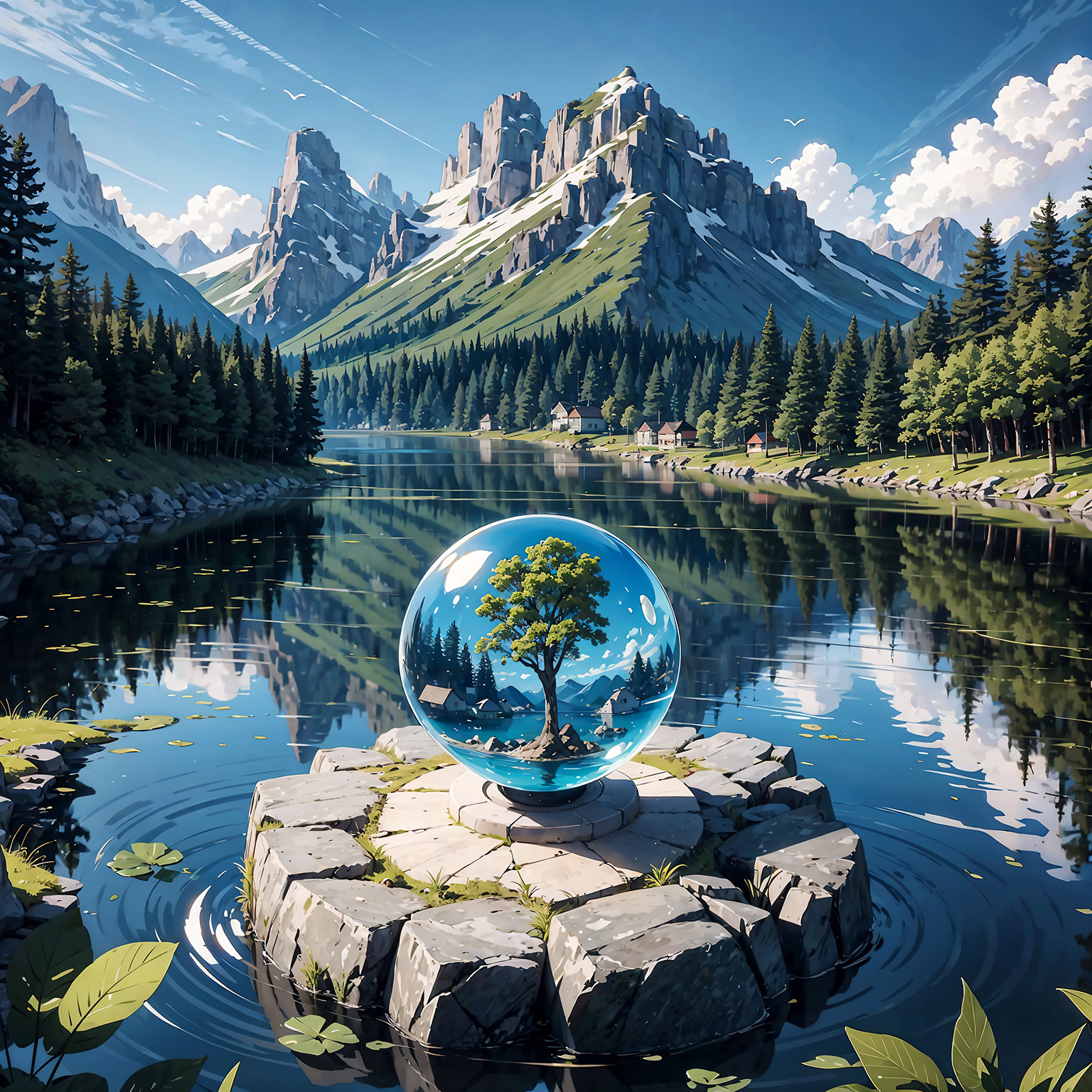 small island inside a spherical crystal ball,  prism-like reflections,  floating in the water on Tensor.Art