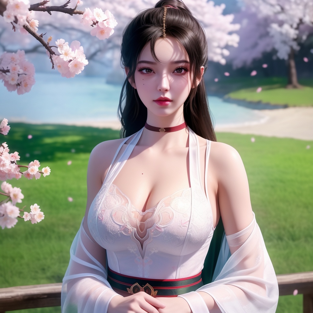 <lora:763-DA-仙逆-墨云:0.8>, (,1girl, ,best quality, ),looking at viewer,  ultra detailed background,ultra realistic 8k cg,ultra detailed 8k cg,masterpiece,upper body,  (( , )),, ,science fiction,mole, ultra realistic 8k cg, ,    ,outdoors, sun,sunlight, cherry blossoms,      (cleavage),,  (),