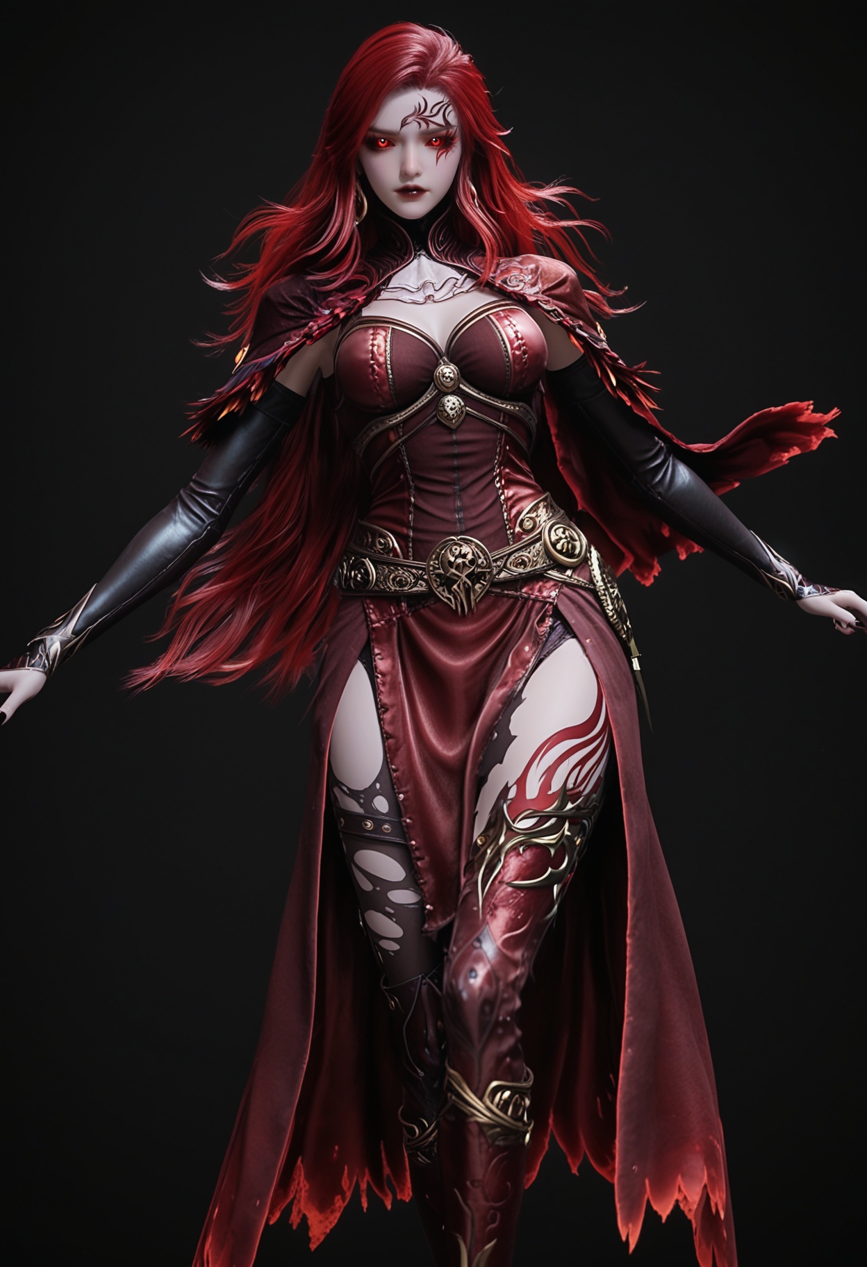 (cowboy shot:1.2),score_9,score_8_up,masterpiece,(best quality),intricate details,facing viewer,(looking at viewer:1.1),<lora:YQ_pony_maxiaotao_fuzhang2_V4:0.8>,q1528437228,1girl,solo,long hair,red hair,red eyes,dress,cape,belt,boots,jewelry,red dress,thighhighs,earrings,colored sclera,black sclera,high heels,torn clothes,tattoo,red cape,ascot,brown eyes,facial mark,gloves,armor,glowing eyes,red sclera,thigh boots,high heel boots,white ascot,black footwear,BREAK(score_9:1.2),(score_8_up:1.2),masterpiece,best quality,very aesthetic,perfect anatomy,(hourglass),perfect face,(simple background,pure black background,black background:1.1),fair_skin,(shiny_skin:1.1),Ivory_skin,