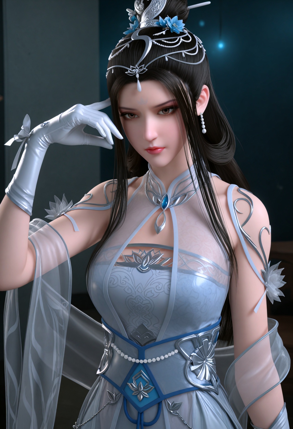 upper_body,(gigantic breasts:0.6),(slender:1.3),(looking_at_viewer:1.1),(masterpiece:1.1),(best quality:1.2),(intricate details),(smog:1.3),(Dark room:1.3),(dim lighting:1.3),<lora:YQ_Illustrious光辉v5_绫清竹_V1:0.8>,q1528437228,1girl,solo,black_hair,long_hair,hair_ornament,dress,jewelry,earrings,white_dress,hair_bun,forehead_mark,facial_mark,chinese_clothes,single_hair_bun,sash,blue_dress,bare_shoulders,see-through,brown_eyes,brown_hair,flower,gloves,anklet,necklace,tiara,detached_sleeves,gawr_gura,virtual_youtuber,butterfly,tassel,tattoo,white_gloves,armor,masterpiece,(best quality),(intricate details:0.9) BREAK (intricate details:0.9),(realistic skin:1.2),masterpiece,best quality,newest,absurdres,hiahres,