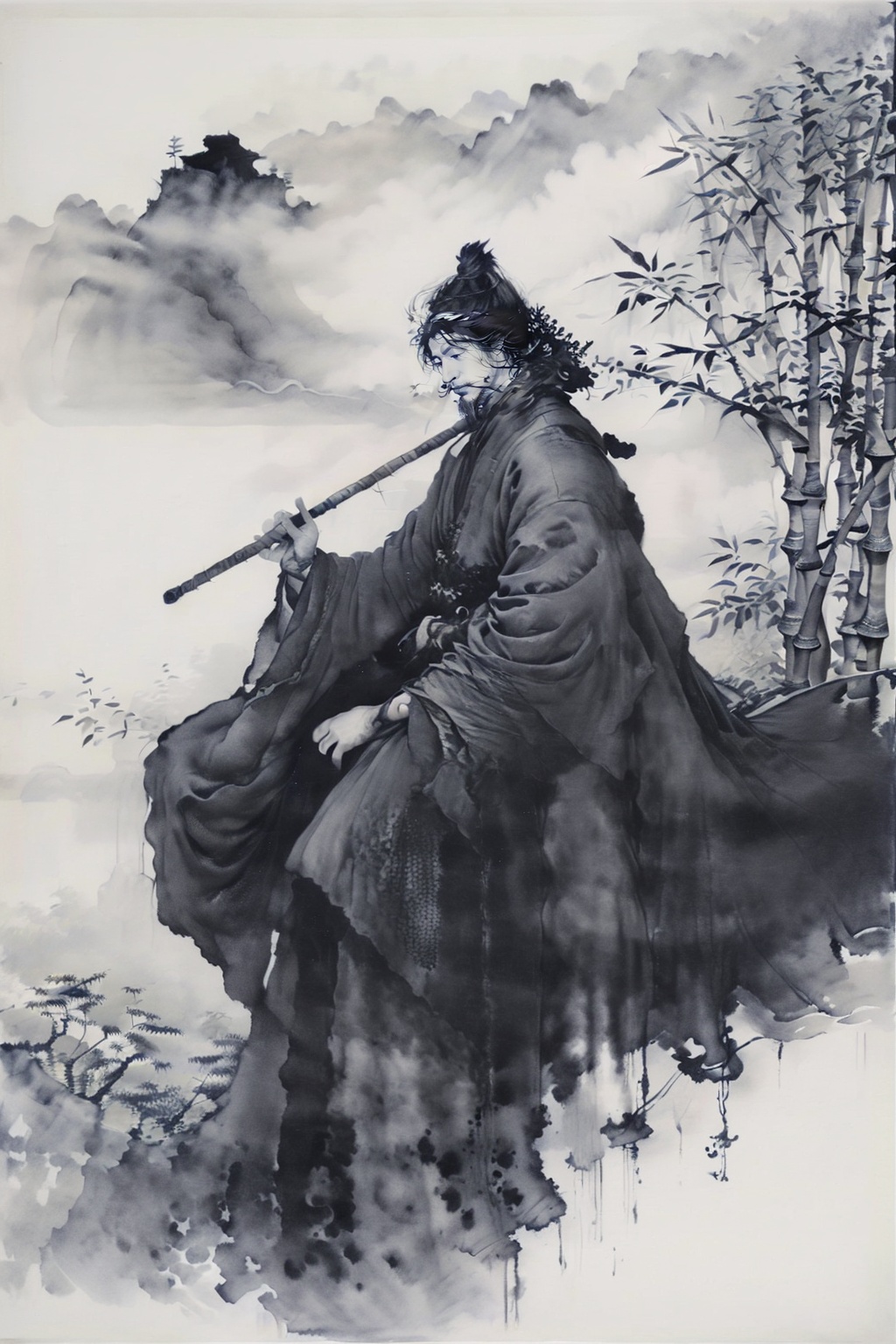 shuimo,<lora:**_v1.0:0.8>,1boy,solo,hermit master,bamboo grove small buildings,playing the qin and sipping tea,clouds and mist swirled around,landscape painting scroll,indifferent to fame and fortune,traditional ink painting,black and white tones,blank composition,profound perspective,grayscale,monochromatic photo,