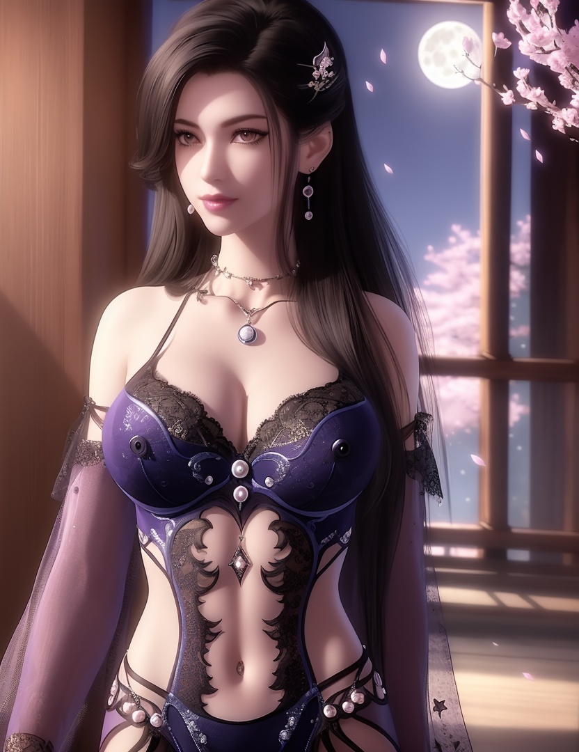 ultra realistic 8k cg, picture-perfect face, flawless, clean, masterpiece, professional artwork, famous artwork, cinematic lighting, cinematic bloom, perfect face, beautiful face, fantasy, dreamlike, unreal, science fiction,  beautiful clothes, lace, lace trim, lace-trimmed legwear,  (rich:1.4), prestige, luxury, jewelry, diamond, gold, pearl, gem, sapphire, ruby, emerald, intricate detail, delicate pattern, charming, alluring, seductive, erotic, enchanting, hair ornament, necklace, earrings, bracelet, armlet,halo((,1girl, pov,))(((,, 1girl, solo, moon, breasts, outdoors,cherry blossoms, cleavage, black_hair, hair_ornament, long_hair, jewelry,looking at viewer, ))) <lora:DA_CaoNvYao:0.6> 