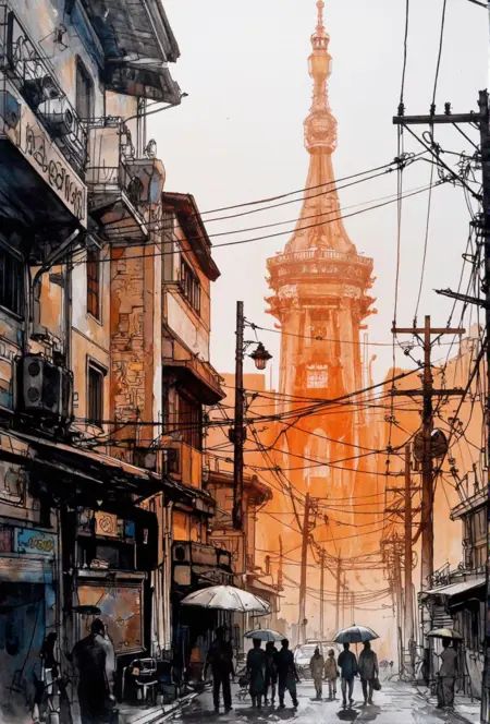 Mategake style. The image features a vertical composition with buildings on the left side,  leading to a prominent tower i...