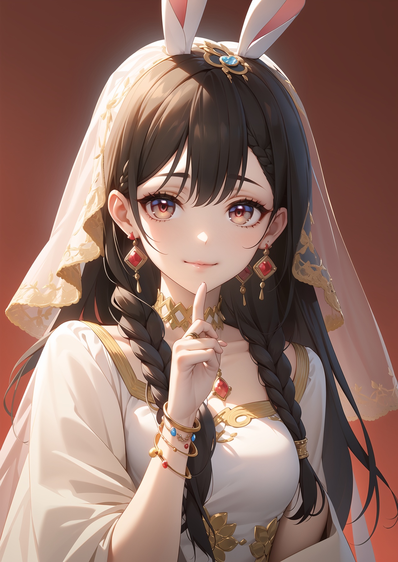 masterpiece,best quality,1girl,jewelry,solo,ring,rabbit ears,animal ears,gem,braid,long hair,earrings,bracelet,hair ornament,upper body,smile,black hair,looking at viewer,veil,brown hair,single braid,dress,red background,lips,closed mouth,