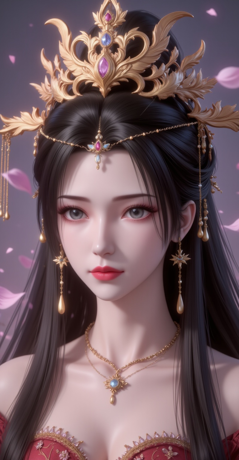 <lora:李慕婉·衣服百搭款6:1.1>,limuwan,black hair,long hair,grey eyes,jewelry,earrings,crown,phoenix_crown,cover,gradient background,close-up details,outstanding style,adding a touch of dimension to your images without compromising details,close-up,<lora:DJ滤镜_2.5D版:0.3>,lvjing,<lora:油画唯美滤镜15:0.2>,baoshi,