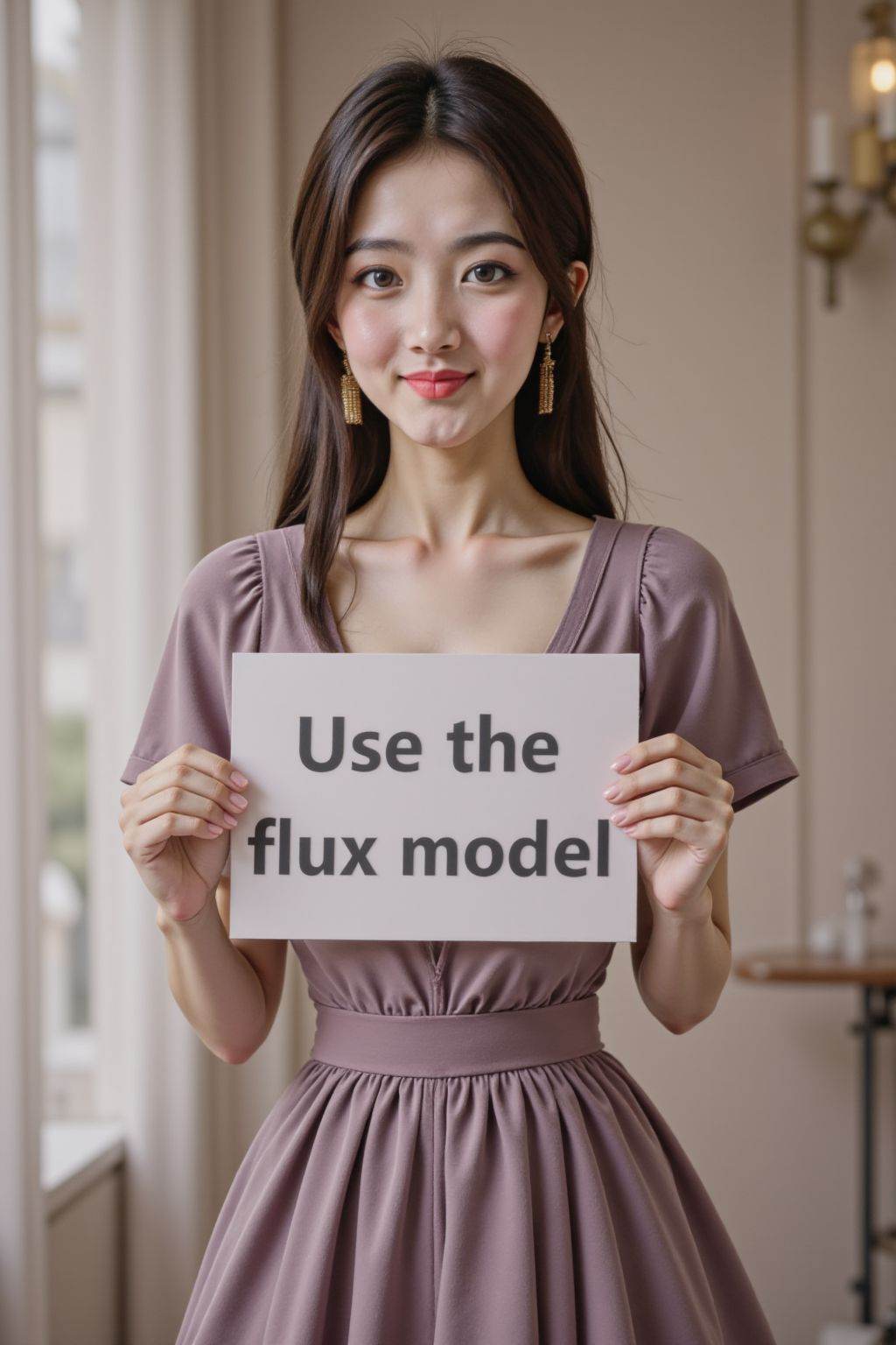 Fuji camera filter,upper body, a beautiful woman in elegant dress, holding a sign with text "Use the flux model",