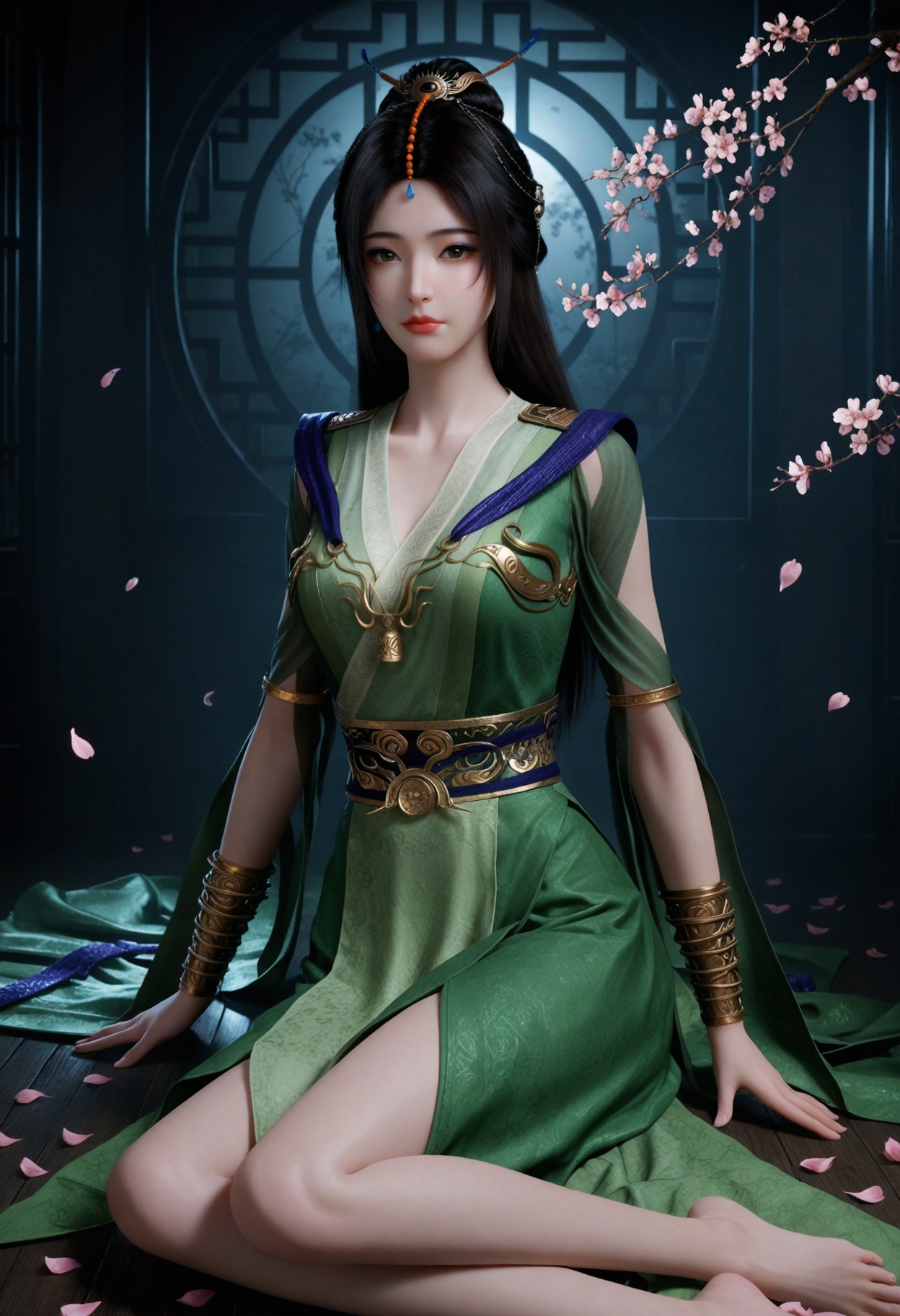 (looking at viewer:1.1),upper body,(Dark room:1.3),(moody lighting:1.1),peach blossom,falling petals,(large breasts:0.8),liuyu,1girl,solo,black hair,hair ornament,long hair,green dress,realistic,dress,chinese clothes,closed mouth,jewelry,bracelet,sash,hair bun,brown eyes,clothing cutout,barefoot BREAK masterpiece,(best quality),(intricate details:0.9),(realistic skin:1.2),<lora:QQSillliuyuV1:0.8>,