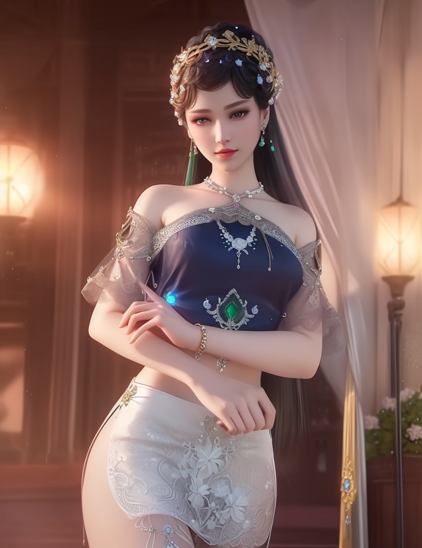 ultra realistic 8k cg, picture-perfect face, flawless, clean, masterpiece, professional artwork, famous artwork, cinematic lighting, cinematic bloom, perfect face, beautiful face, fantasy, dreamlike, unreal, science fiction,  beautiful clothes, lace, lace trim, lace-trimmed legwear,  (rich:1.4), prestige, luxury, jewelry, diamond, gold, pearl, gem, sapphire, ruby, emerald, intricate detail, delicate pattern, charming, alluring, seductive, erotic, enchanting, hair ornament, necklace, earrings, bracelet, armlet,halo((,1girl, pov,))(((,  1girl,  solo,looking at viewer, )))<lora:DA_WhiteSnakeGreenSnake:0.8>