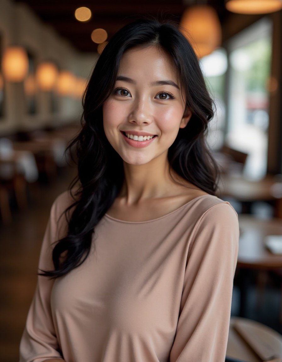This is a  beautiful photograph of a woman, black hair cascading over her shoulders. She is wearing a boatneck dress, Standing in a cafe. Looking at the viewer. Smile.