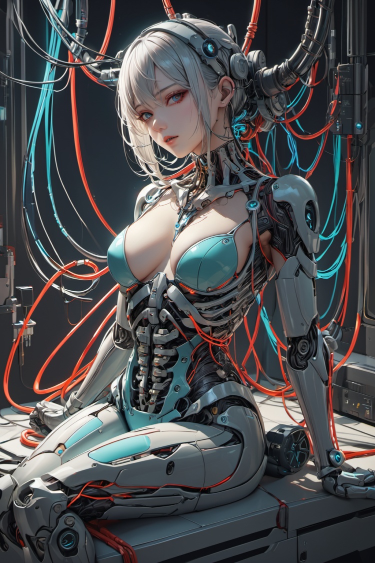 masterpiece,best quality,1mechanical girl,realistic anime style,ultra realistic details,shadows,octane render,8k,ultra sharp,metal,intricate,ornaments detailed,cold colors,egypician detail,highly intricate details,realistic light,trending on cgsociety,facing camera,neon details,machanical limbs,blood vessels connected to tubes,mechanical vertebra attaching to back,mechanical cervial attaching to neck,sitting,wires and cables connecting to head,