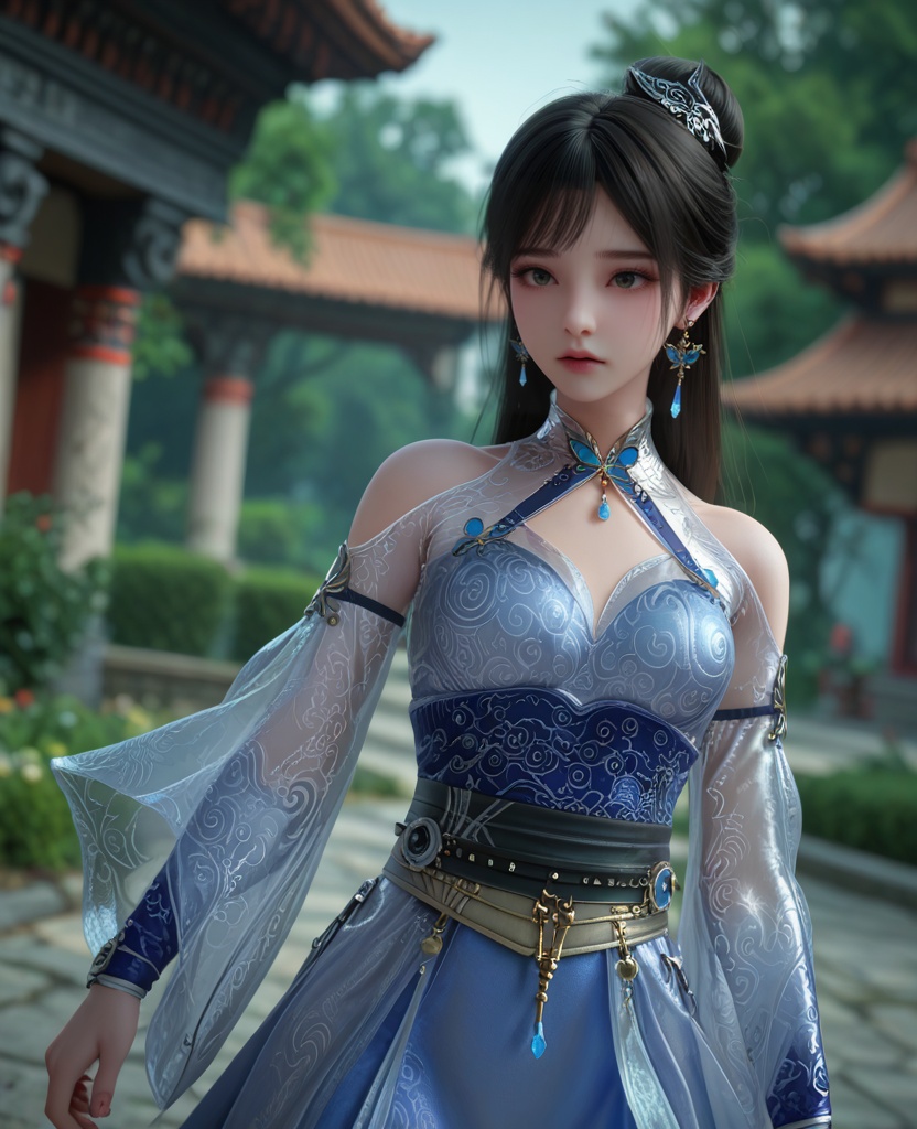 (oriental architecture, elegant decor, sophisticated style:1.1),(playing with her hair:1.1),(breasts:1.2),<lora:XL百炼成神紫极阴体小玉:0.95>,miss xiaoyu,black hair,dress,long hair,jewelry,earrings,bare shoulders,hair ornament,hair bun,blue dress,clothing cutout,sash,, zPDXL2, score_9, score_8_up, score_7_up BREAK realistic, masterpiece,best quality, highly detailed,, zPDXL3, zPDXL2,zPDXL, zPDXLxxx, zPDXLrl,