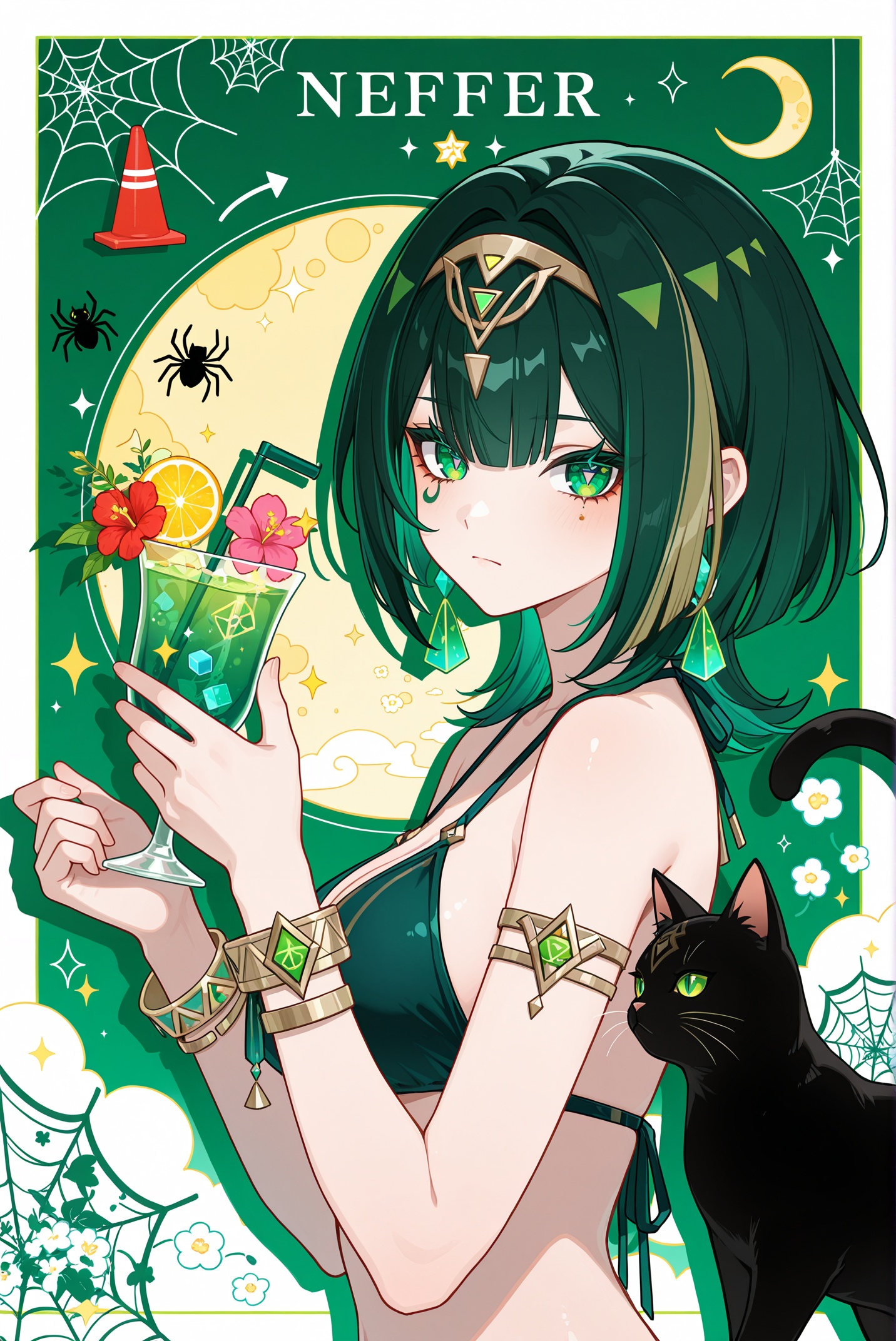 1girl,::,__artist__,year 2024,(drop shadow:1.4),(close-up:0.8),(shadow:1.2),(hands up:1.2),(border:1.2),(outside border:1.2),(hand up:1.2),(character name:1.2),from side,hand up,closed mouth,upper body,high contrast,holding cup,frown,looking at another,looking at viewer,rope,portrait,drop shadow,sparkle,^ ^,flag,moon,bug,notice lines,cloud,spider,traffic cone,star \(symbol\),circle,silk,traffic light,arrow \(symbol\),spider web,green theme,sun,cube,crescent moon,flower,sunlight,colorful,very awa,masterpiece,best quality,newest,highres,absurdres,black cat,<lora:Nefer-noob-Tanger:0.8>,Nefer \(Genshin Impact\),1girl,green eyes,green hair,jewelry,breasts,bracelet,Nefer green facial mark,Neferdef Triangular pupils,triangular pupil,swimwear,bikini,