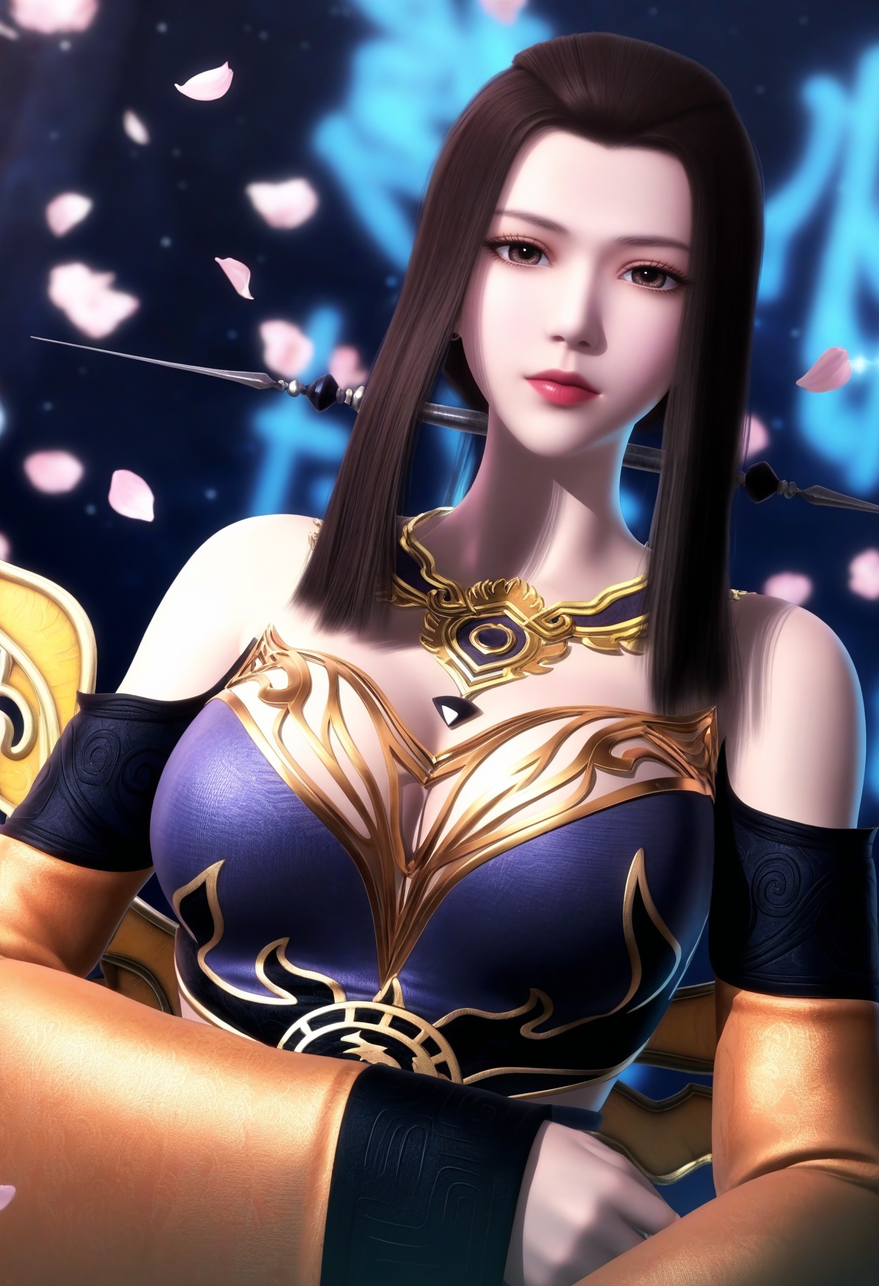 masterpiece,best quality,amazing quality,very aesthetic,high resolution,ultra-detailed,absurdres,scenery,photorealistic,(looking at viewer:1.1),upper body,(Dark room:1.3),(moody lighting:1.1),peach blossom,falling petals,(large breasts:0.8),yanfei,1girl,solo,long hair,black hair,brown hair,jewelry,dress,brown eyes,necklace,hair ornament,earrings,boots,ponytail,sidelocks,armor,detached sleeves,black footwear,high heels BREAK photorealistic details,<lora:QQSillyanfeiV1:0.8>,