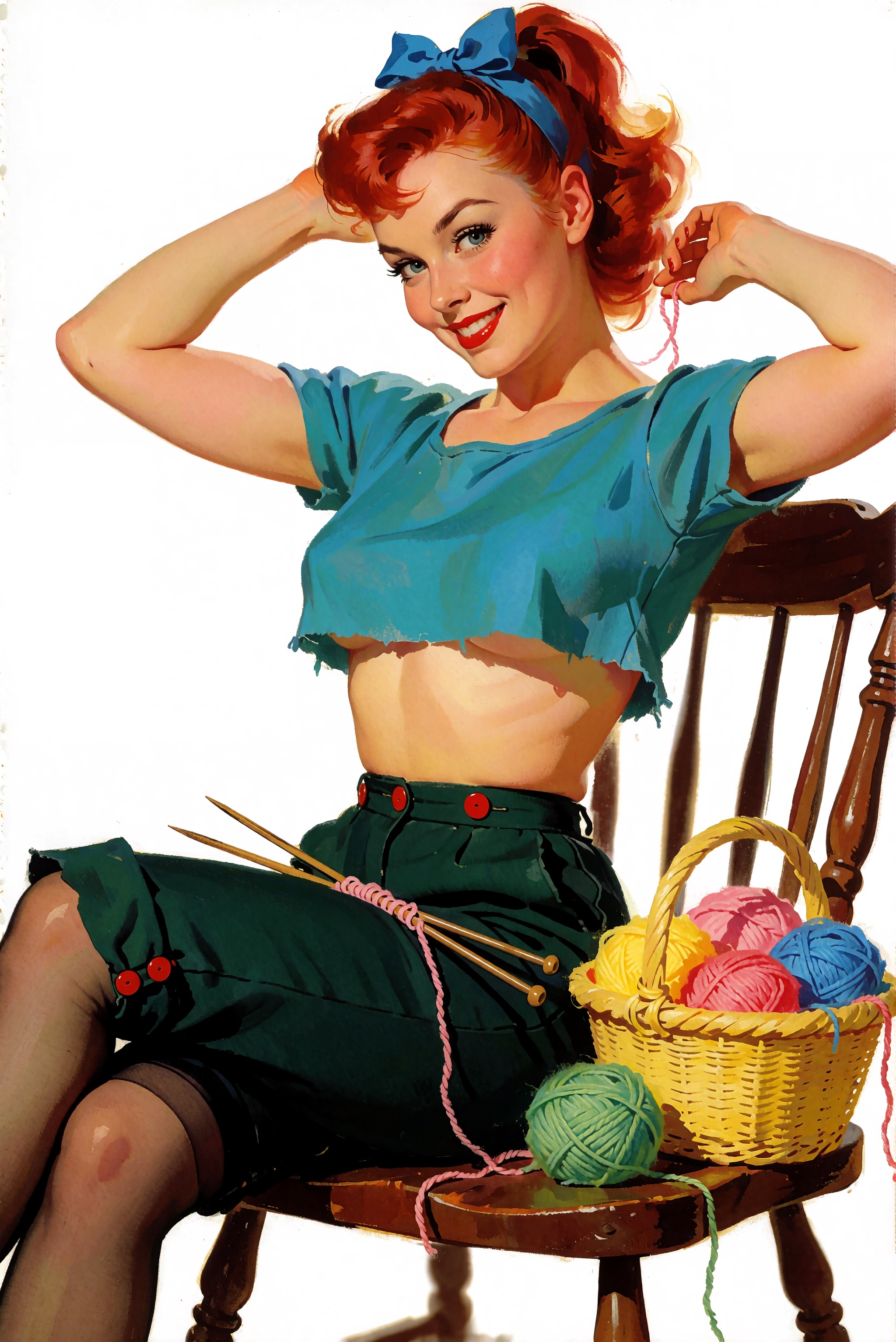 A pin-up woman with reddish hair in a high ponytail,  adorned with a blue bow,  sits provocatively on the edge of a wooden...