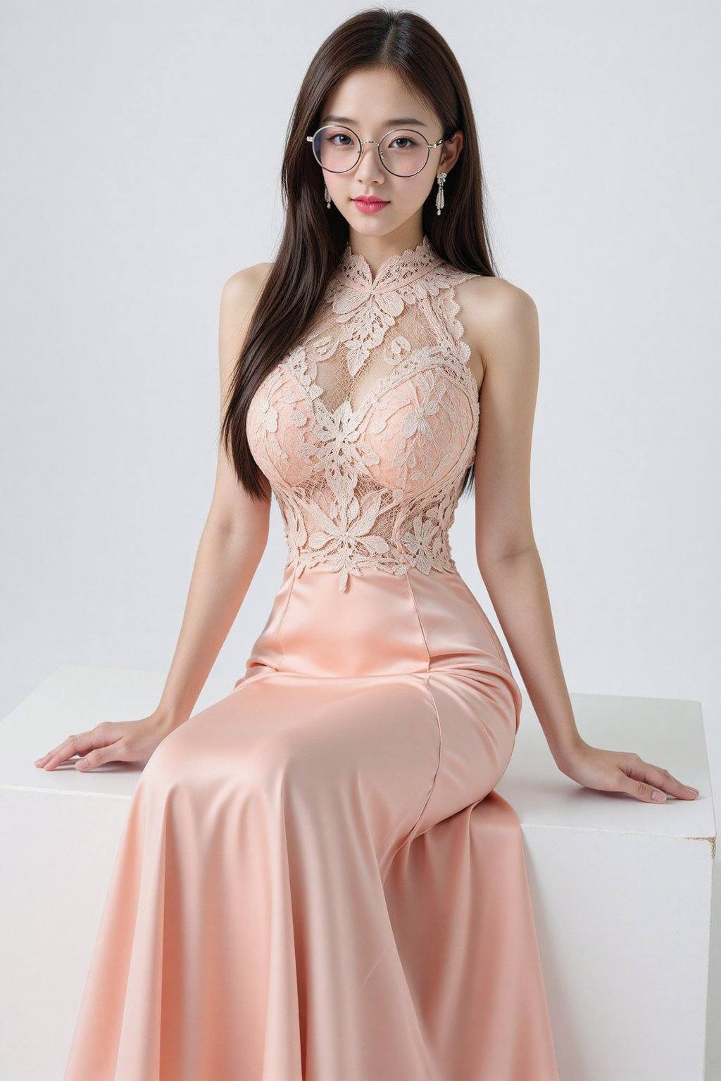 The image is a high-resolution photograph of a young Asian woman seated on a white,  rectangular platform against a plain...