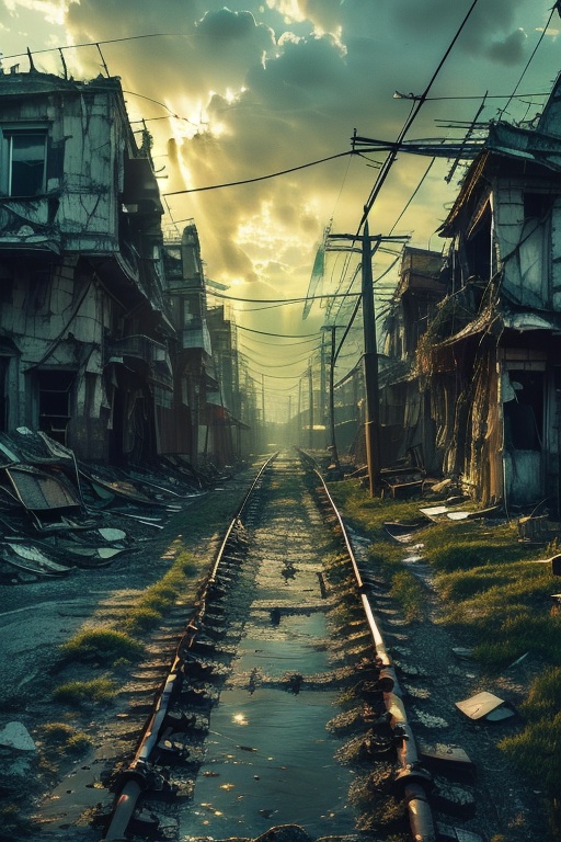 still life , High resolution movie lighting, surreal detail photography, Movie style, Doomsday, outdoors, sky, no humans, building, cloud, scenery, cloudy sky, ruins, streets filled with dilapidated houses, road, power lines, utility pole, railroad tracks, complex buildings