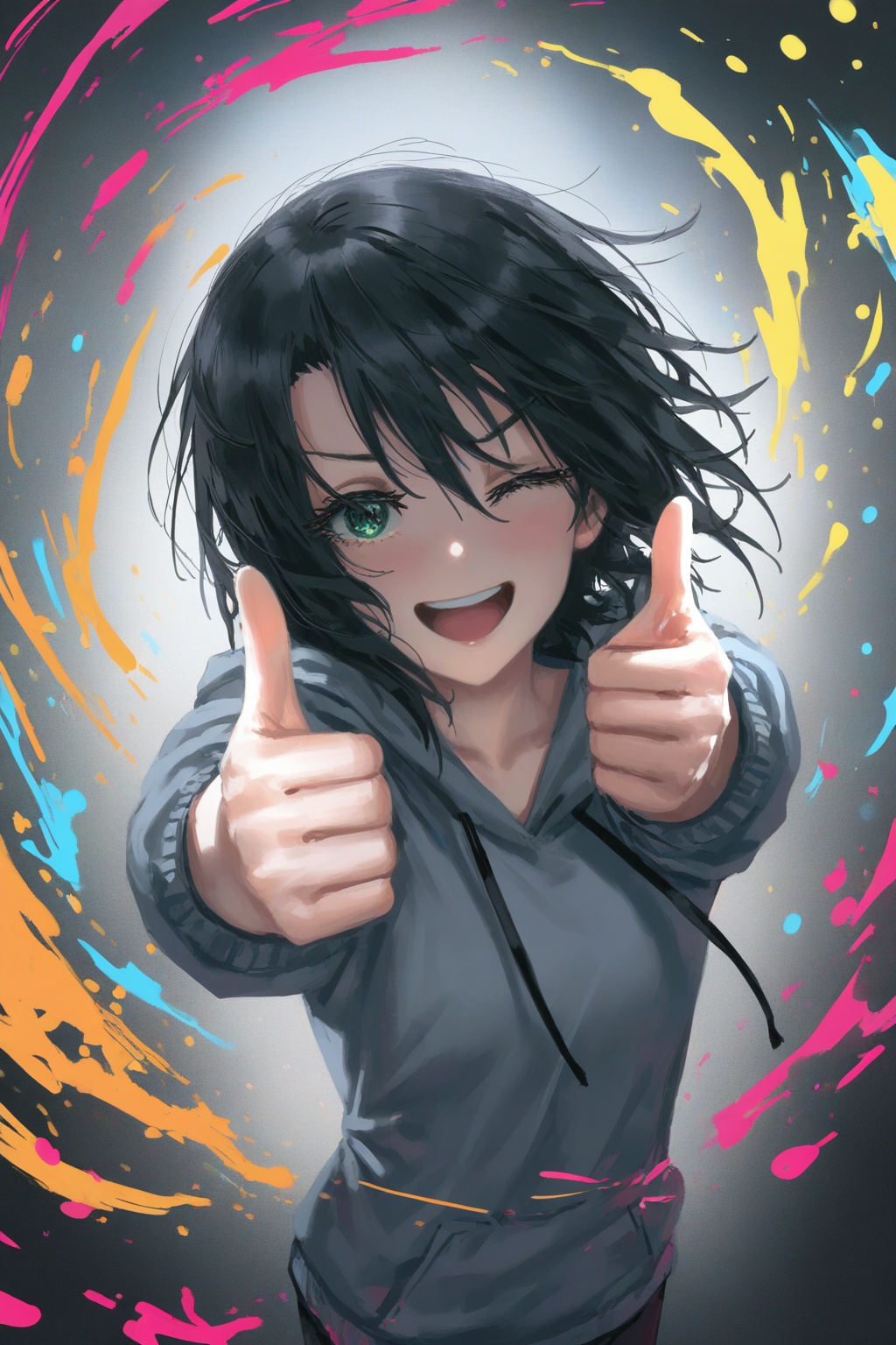 masterpiece,best quality,amazing quality,very aesthetic,absurdres,best quality,newest,(artist:quasarcake:0.8),extreme aesthetic,(wlop:0.9),masterpiece,best quality,good quality,newest,very aesthetic,absurdres,A shot with tension,Visual impact,giving the poster a dynamic and visually striking appearance,offcial art,splash of color,movie perspective,Yoshimoto-san,1girl,one eye closed,thumbs up,solo,black hair,hoodie,open mouth,smile,hood,short hair,looking at viewer,<lora:journey-000004:0.8>,