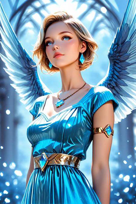 closeup a very pretty woman standing, in a blue sweater and wings on her back, modest, with a blue dress and necklace, Artgerm, sots art, unreal 5, concept art, armlet, blonde_hair, blue_eyes, blurry, blurry_background, depth_of_field, earrings, gem, jewelry, looking_at_viewer, medium_breasts, realistic, solo, upper_body, wings, abbe bi style, [cartoon, vector art, anime :realistic, real life, hyper realistic:0.15], ,