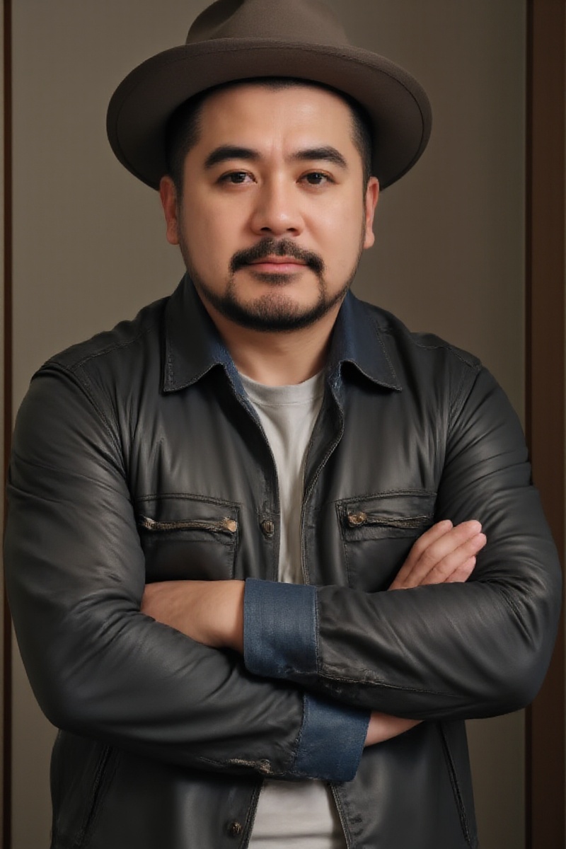 TWNELPHONT,A solo shot of a ruggedly handsome man wearing a black leather jacket with a hint of rebellious attitude. He's sporting a stylish fedora and a thick beard that adds to his tough-guy persona. The camera captures him from the chest up, with the denim-clad arms crossed over his torso, conveying a sense of confidence and nonchalance. Soft focus lighting creates a moody atmosphere, highlighting the contours of his rugged features. <lora:FLUX.TWNELPHONT:1>