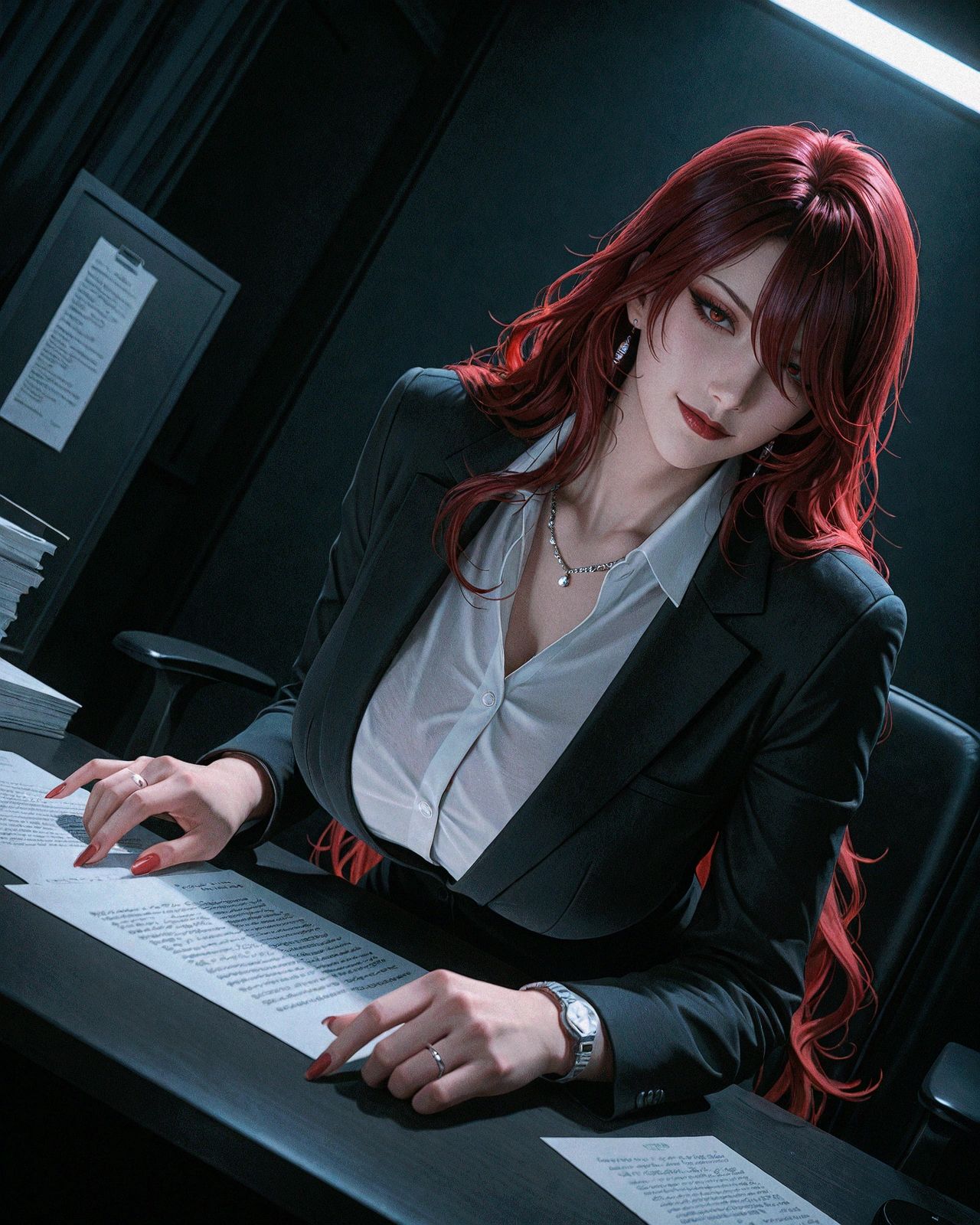 *****, aroused, aegyosal, (maroon eyeshadow under eye, maroon blush makeup, smokey eyeshadow, gyaru makeup, eyeliner:1), (doe eyes makeup:0.5), ambient occulusion,  1girl, solo, medium full shot, cinematic depth of field, confident, slight smile, smirk, looking at viewer, three quarter shot, intense gaze, from side, head rest, desk light,  dark red hair, red eyes, very long bangs, hair over eyes, bangs covering eyes, single side lock, swept bangs, hair covering eyes, very long hair, wavy hair, huge breasts, maroon lipstick, thin body, tall body, black skirt suit, white collared shirt, black blazer, black suit jacket, office lady, silver earrings, silver necklace, silver bracelet, wedding ring, silver watch, married lady, buttoned shirt,  midnight, office, office desk, papers, documents, stationary, white theme, office chair, dark background,  (dynamic lighting), cinematic lighting, analogous colours, dutch angle, shallow depth of field, fujifilm colours, crisp cool tones, moody lighting, (indirect lighting, backlighting:1.2), dark, shadow, light fall off,(harsh shadows), chiaroscuro lighting, low contrast, fluorescent lighting, sterile environment, grey colours, 90s aesthetic, film aesthetic, direct flash aesthetic, fuji film colours, film noir aesthetic, deep shadows,  masterpiece, best quality, amazing quality, very aesthetic, absurdres, newest, intricate details, ultra-detailed, hyper-detailed, realistic, lineless, dynamic composition, dynamic pose, subsurface scattering, hyperrealistic, detailed skin, smooth skin, realistic skin,