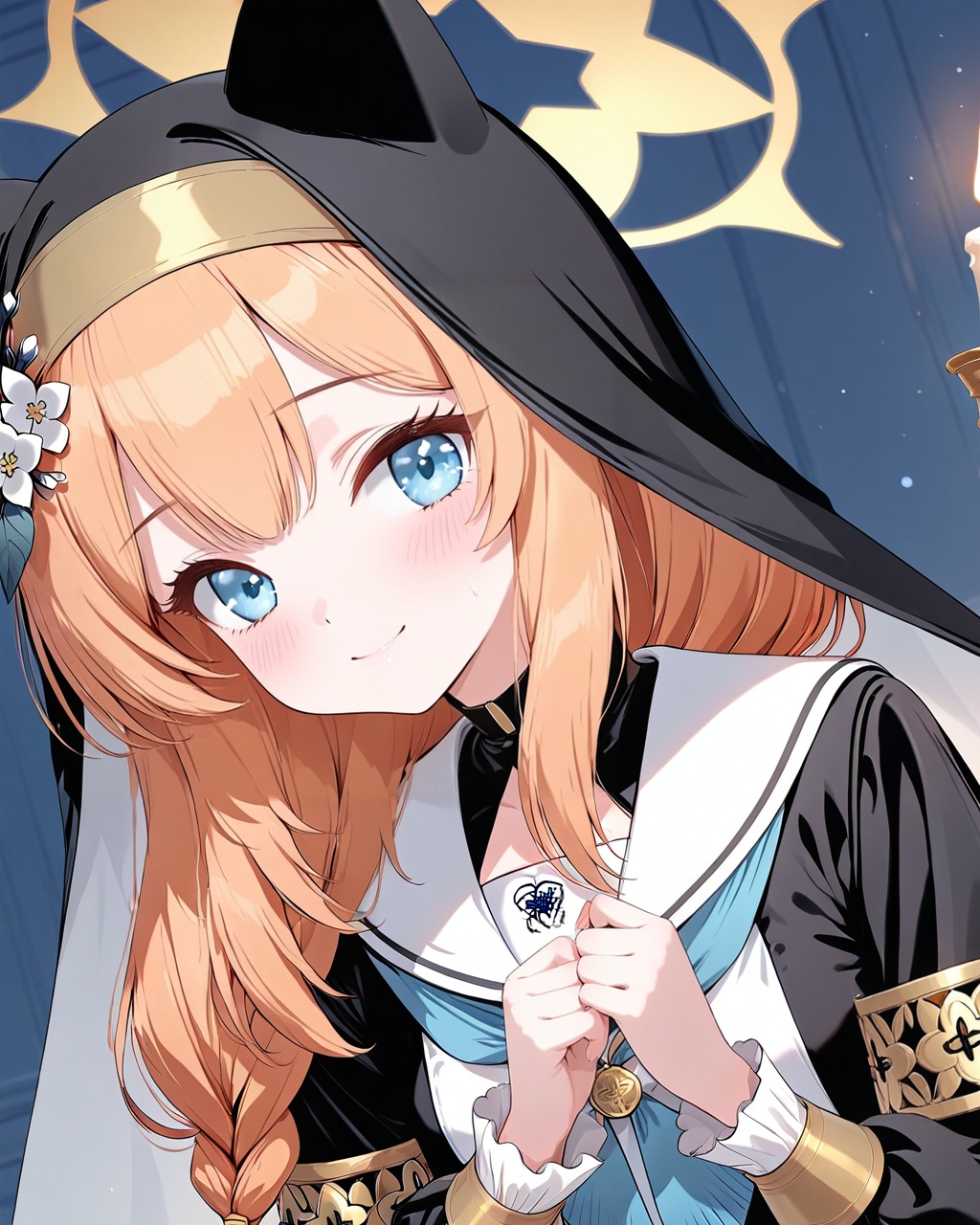 O,Five fingers,mari (blue archive),1girl, mari (blue archive), animal ear headwear, candle, solo, nun, braid, smile, orange hair, blue eyes, habit, halo, long hair, blue neckerchief, looking at viewer, flower, sailor collar, blush, single braid, neckerchief, long sleeves, bangs, white sailor collar, blurry, upper body, hat, closed mouth, own hands together, hat flower,(UHD),anatomically correct,accurate,textured skin,super detail,high details,award winning,best quality,high quality,retina,HD,16k,1080P,