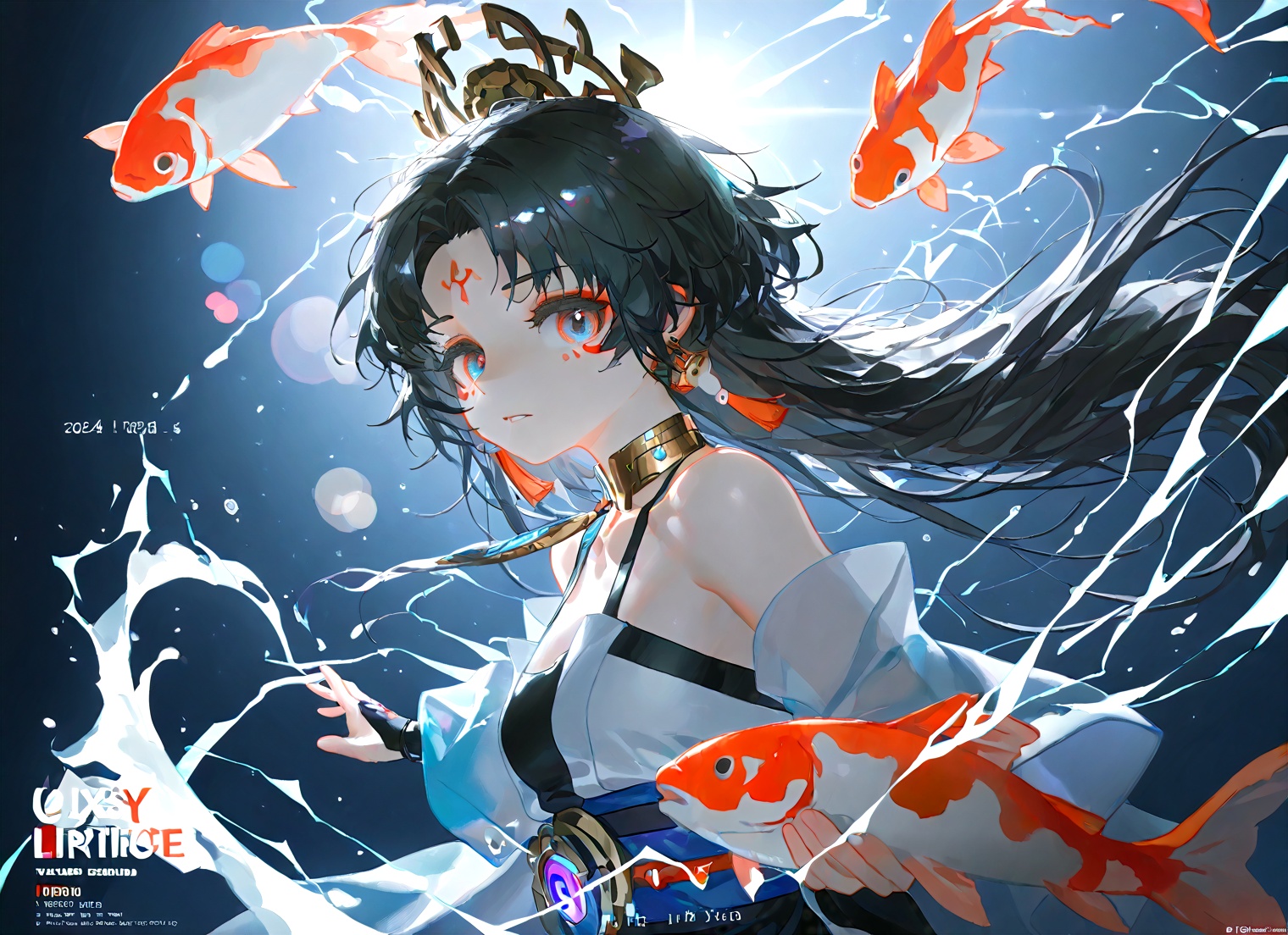 1girl,solo,long hair,looking at viewer,black hair,hair ornament,bare shoulders,jewelry,upper body,earrings,from side,floating hair,facial mark,fish,forehead mark,koi,depth of field,light particles,lens flare,(artist:quasarcake:0.8),extreme aesthetic,(wlop:0.6),wanke,rella,wanke,masterpiece,best quality,good quality,newest,year 2024,year 2023,very aesthetic,absurdres,Visual impact,Electromotive force,perspective composition,A shot with tension,ultra-high resolution,32K UHD,sharp focus,best quality,masterpiece,Emotionalization masterpiece,unconventional supreme,masterful details,with a high end texture,in the style of fashion photography,(Visual impact:1.2),giving the poster a dynamic and visually striking appearance,impactful picture,offcial art,colorful,splash of color,movie perspective,masterpiece,best quality,amazing quality,very aesthetic,absurdres,best quality,newest,qxsy,