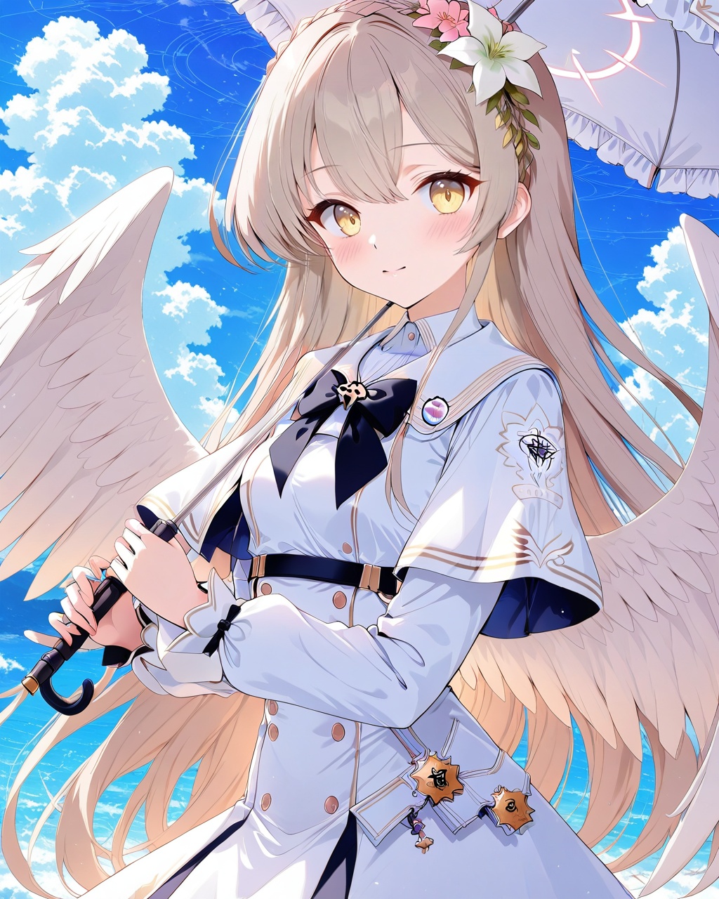 nagisa (blue archive),O,nagisa (blue archive),1girl, solo, umbrella, wings, flower, hair ornament, hair flower, gun, long hair, weapon, halo, looking at viewer, white wings, outdoors, holding, feathered wings, yellow eyes, sky, angel wings, capelet, dress, blush, cloud, white capelet, parasol, bangs, hair between eyes, breasts, day, blue sky, long sleeves, holding umbrella, white dress,(UHD),anatomically correct,accurate,textured skin,super detail,high details,award winning,best quality,high quality,retina,HD,16k,1080P,