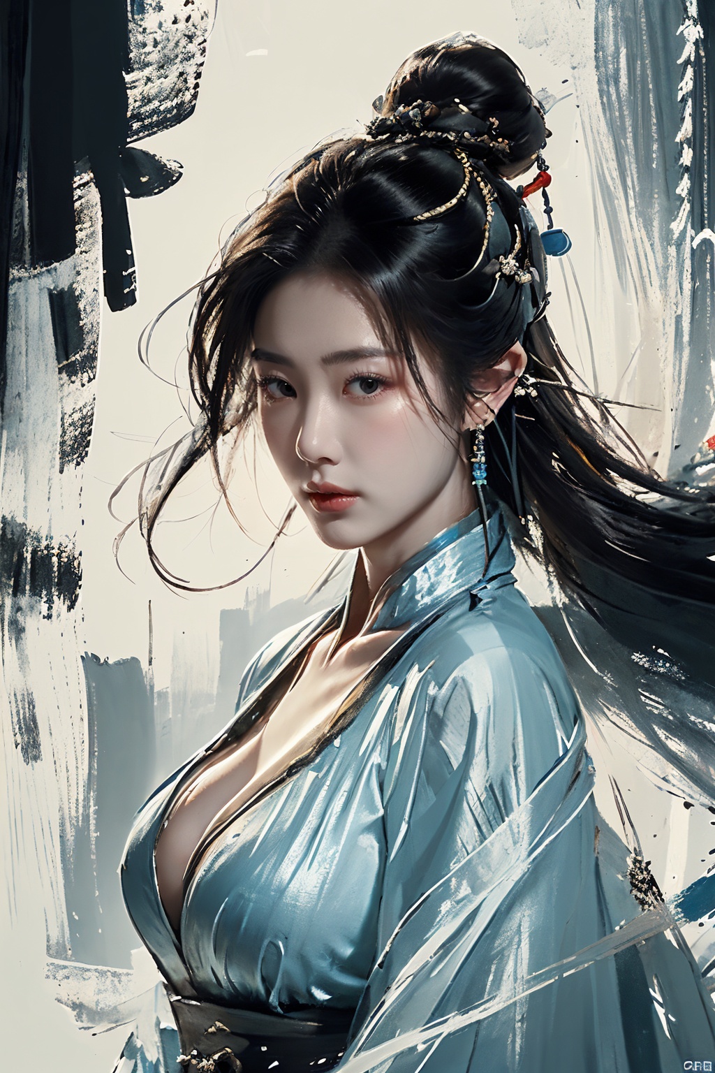 gfmm007,1girl,solo,looking at viewer,upper body,black hair,realistic,hair ornament,closed mouth,chinese clothes,from side,<lora:SMHF1.5:0.8>,cleavage,