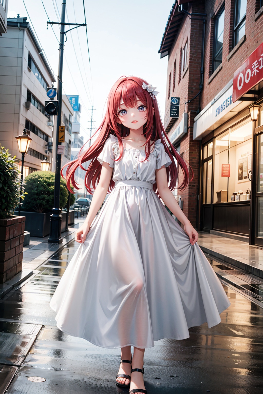 A petite, young girl with long red hair and a white dress walks on the gray street under the glow of the street lamps. As she looks up at the camera, her gaze reflects the light, creating a gentle glow that captivates the audience., Thick coating