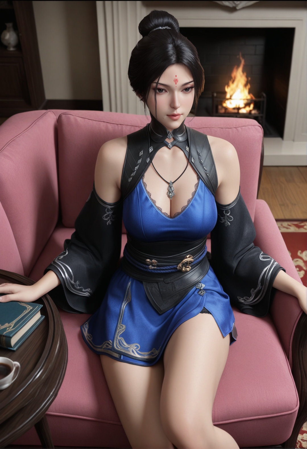 masterpiece,best quality,amazing quality,high resolution,ultra-detailed,absurdres,(looking at viewer:1.1),upper body,(moody lighting:1.1),(large breasts:0.8),1girl,long hair,makeup,BREAKcollarbone,bare shoulders BREAK photorealistic details,indoors,sitting on the carpet,smooth floor,fireplace,flambe,coffee_table,pink sofa,food,item,book,leg lift,<lora:青玉gh:0.8>,black hair,cleavage,dress,facial mark,forehead mark,hair bun,short hair,wide sleeves,