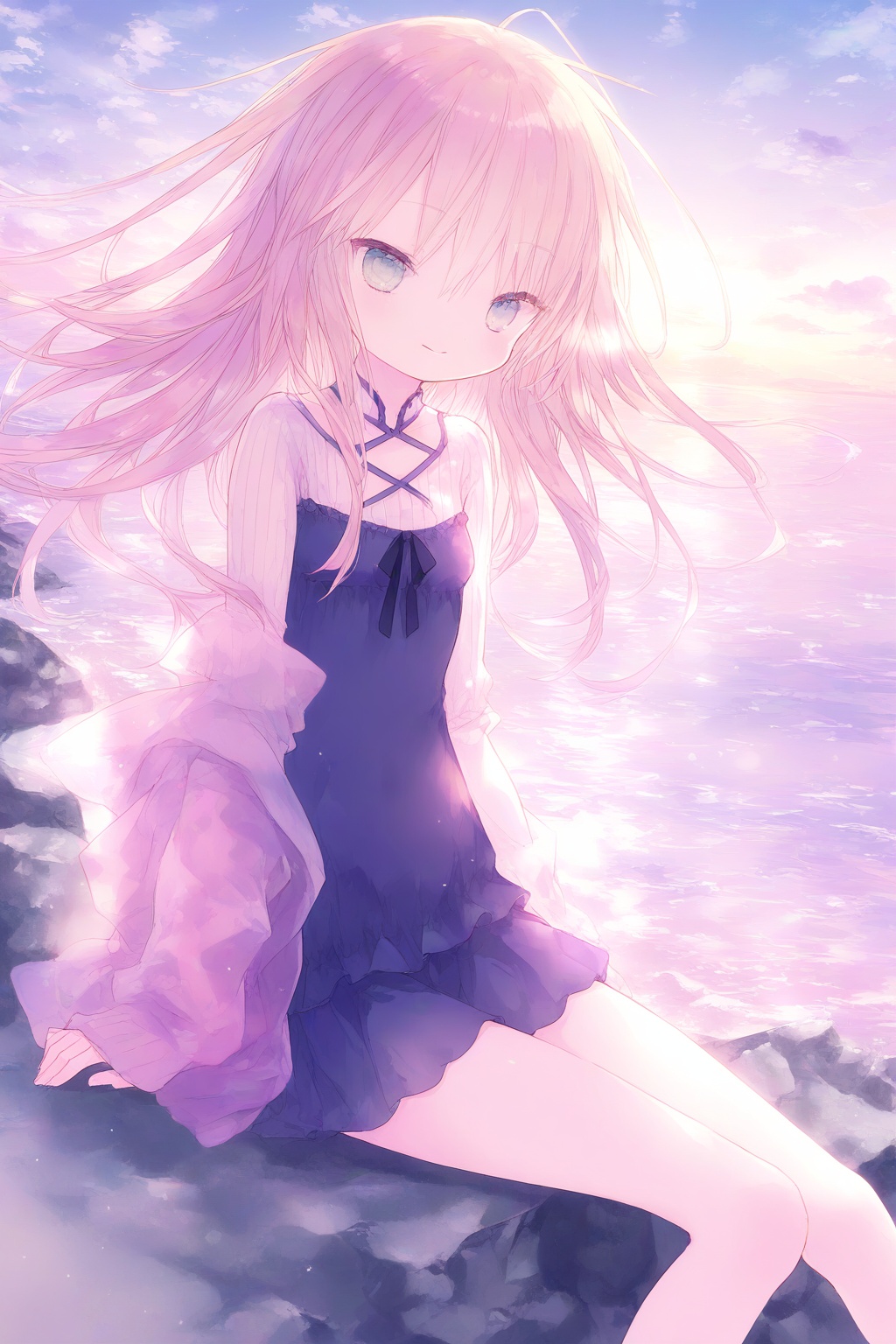 1girl, long hair, petite, solo, sea side, sun rise, sitting, smile, cloud