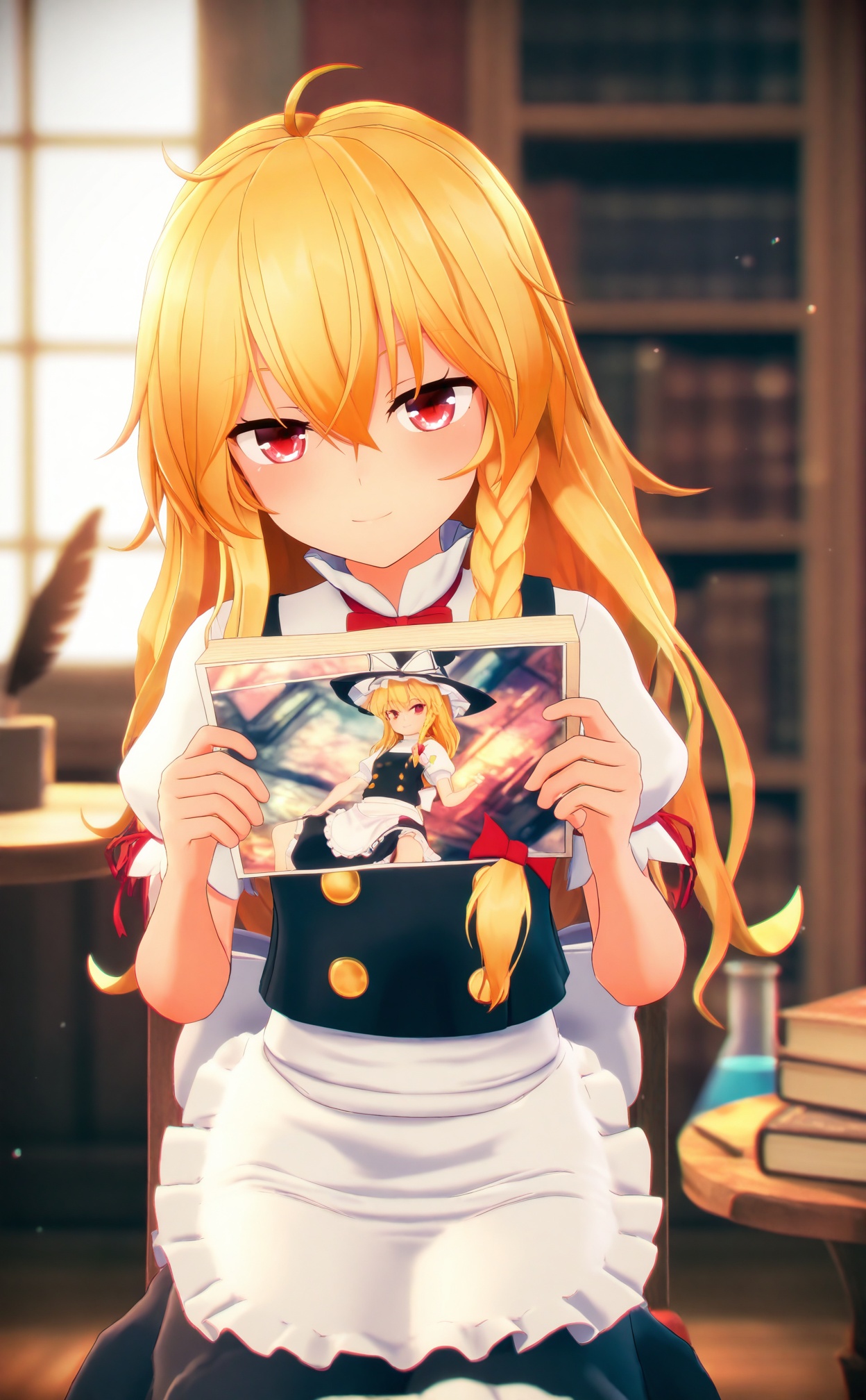 masterpiece,absurdres,best quality,loli,petite,high quality,chromatic_aberration,//,1girl,book,kirisame marisa,blonde hair,solo,apron,red eyes,long hair,white apron,smile,holding,sitting,short sleeves,open book,scroll,braid,paper,book stack,closed mouth,indoors,waist apron,chair,hair between eyes,no headwear,frills,frilled apron,holding book,looking at viewer,skirt,white shirt,black vest,shirt,puffy short sleeves,single braid,bow,frilled skirt,cup,red bow,puffy sleeves,black skirt,ahoge,hair bow,red ribbon,vest,dress,window,ribbon,black dress,on chair,hair ribbon,wooden table,table,holding paper,test tube,quill,wooden floor,reading,frilled dress,flask,crossed bangs,bookmark,tress ribbon,white bow,//,Depth of field,(colorful),hdr,Tyndall effect,depth of field,Tyndall Effect,blurry,blurry_background,depth_of_field,bokeh,glowing,//,<lora:MMDguangwuran6——【noob】hans:0.9>,